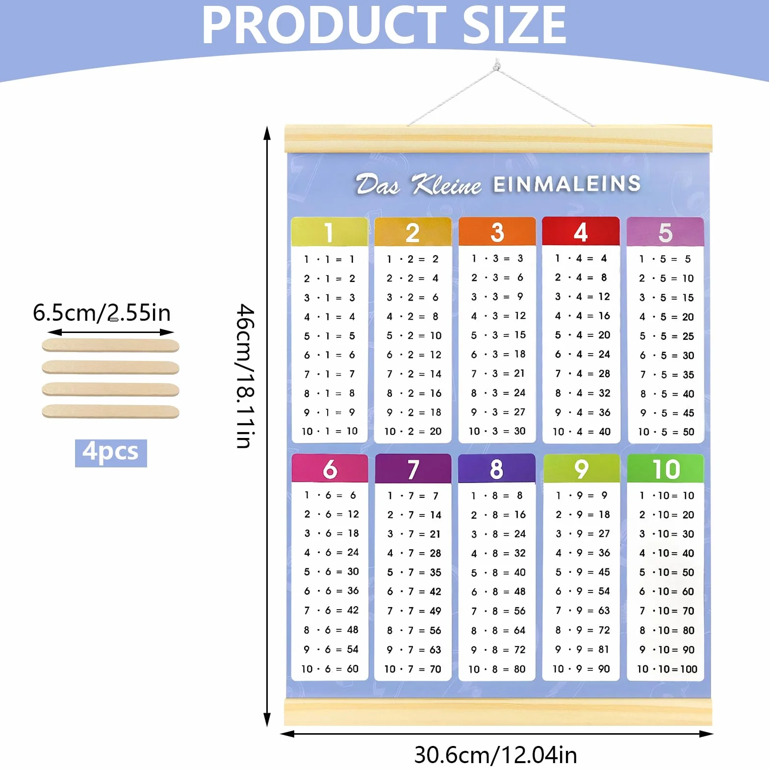 Affiche Éducative Table de Multiplication 1x1 jusqu'à 100 44x30 cm Imperméable avec Bagettes Bois