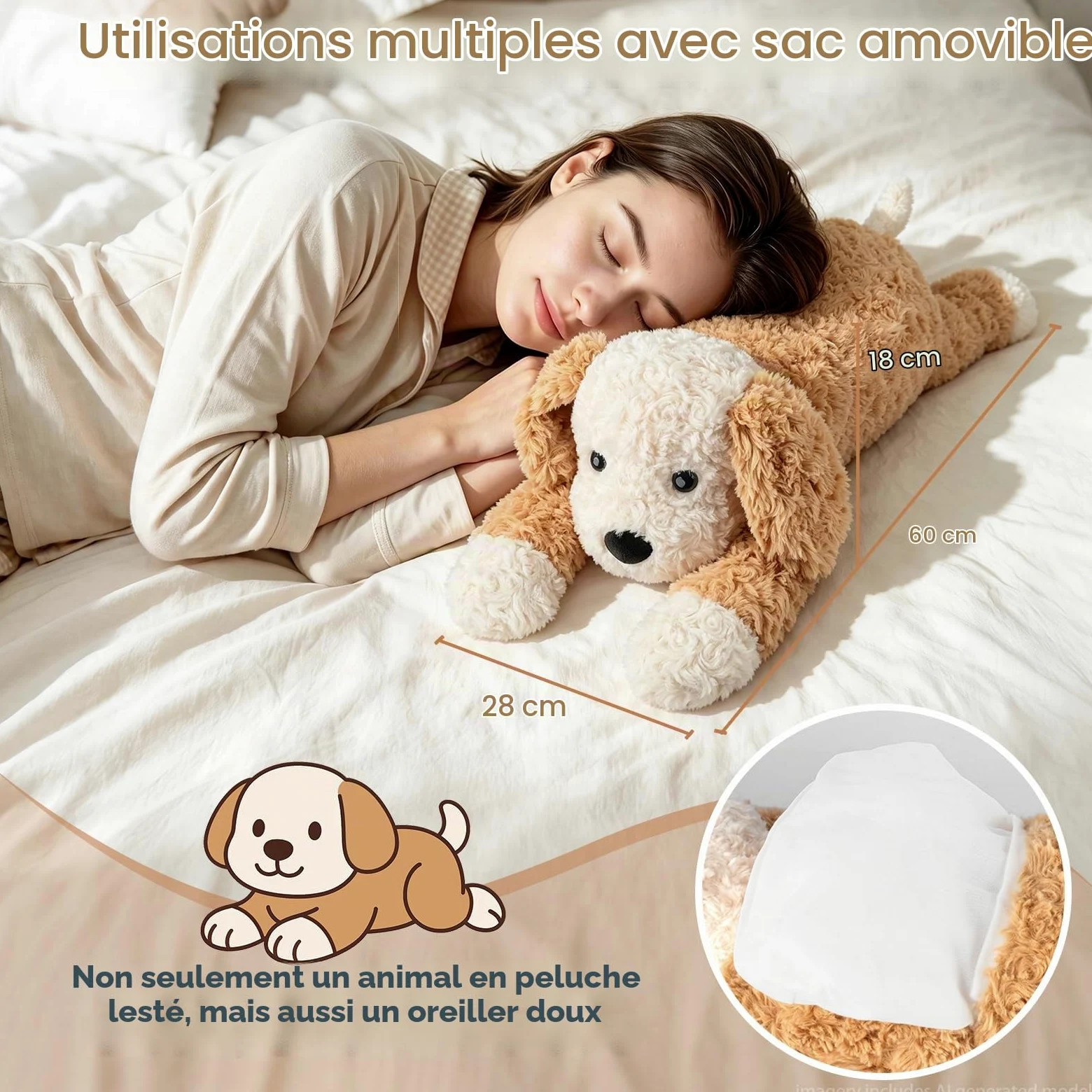 Bobbie & Laxi Oreiller en peluche lesté pour chien de 61 cm, 2 kg | Se pose debout ou à plat, les membres lestés offrent un soutien lombaire ; fausse fourrure douce pour bureau ou canapé