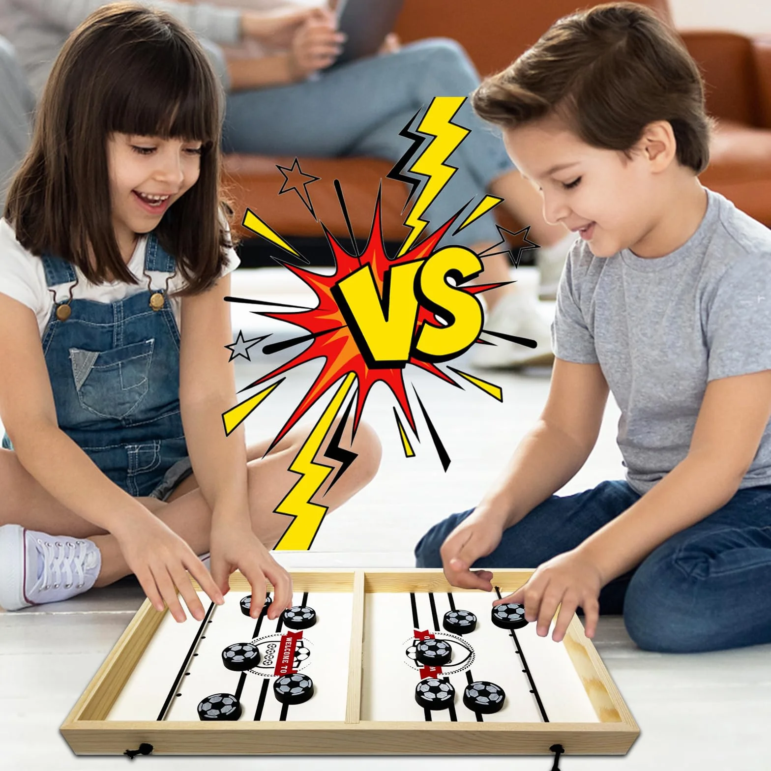Jeu de Palet Bois Sling Puck Rapide pour Enfant, Jeu de Société avec 1 Échiquier et 20 Pièces, Football