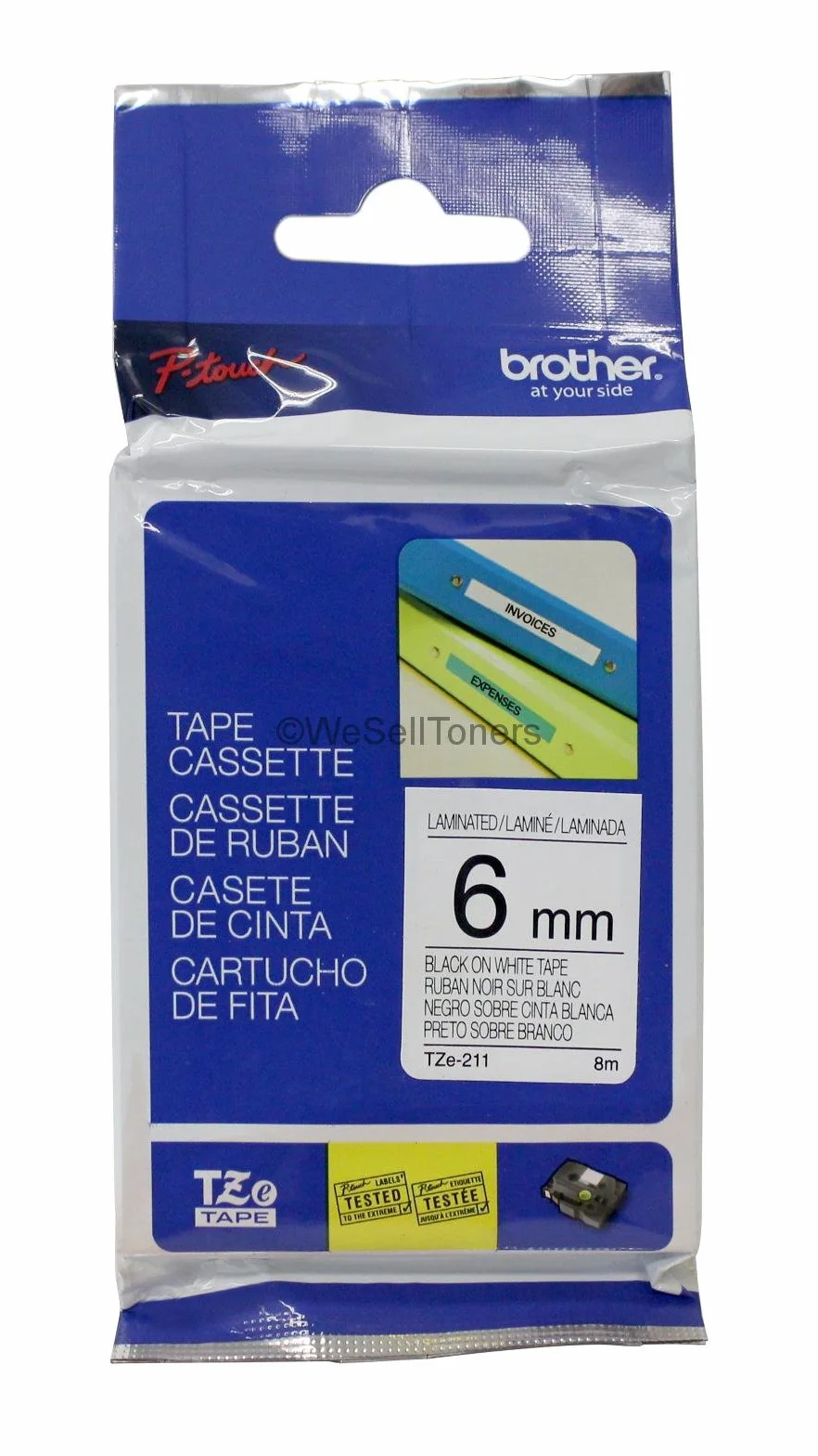 Brother TZe-211 Ruban Laminé Original 6mm Noir sur Blanc 8M