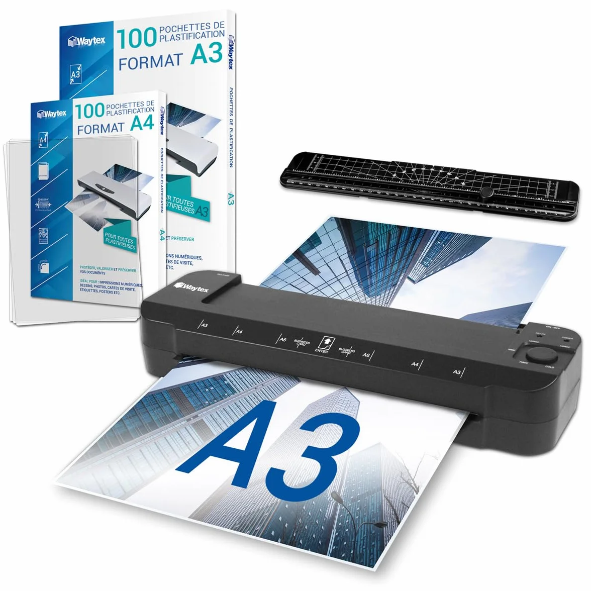 Plastifieuse A3 A4 A5 A6 A7 Pro Ultra Rapide Chaud Froid 2x150 microns Température Réglable Usage Professionnel Pack 200 Pochettes A4 A3 Rogneuse