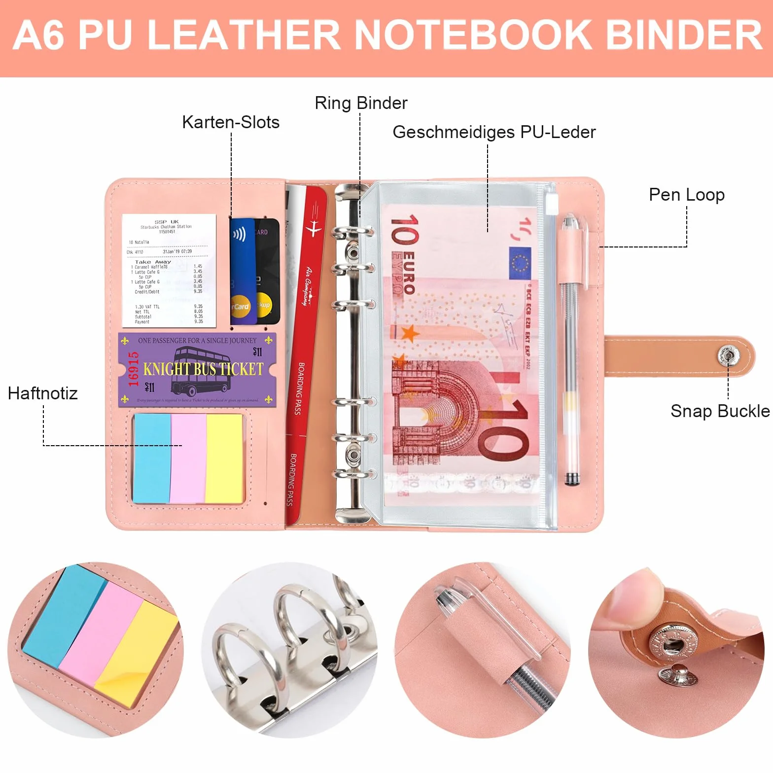 Classeur A6 en PU Cuir Budget Planner avec 10 PVC Enveloppe Budget, 12 Feuilles Budget, 3 Autocollants