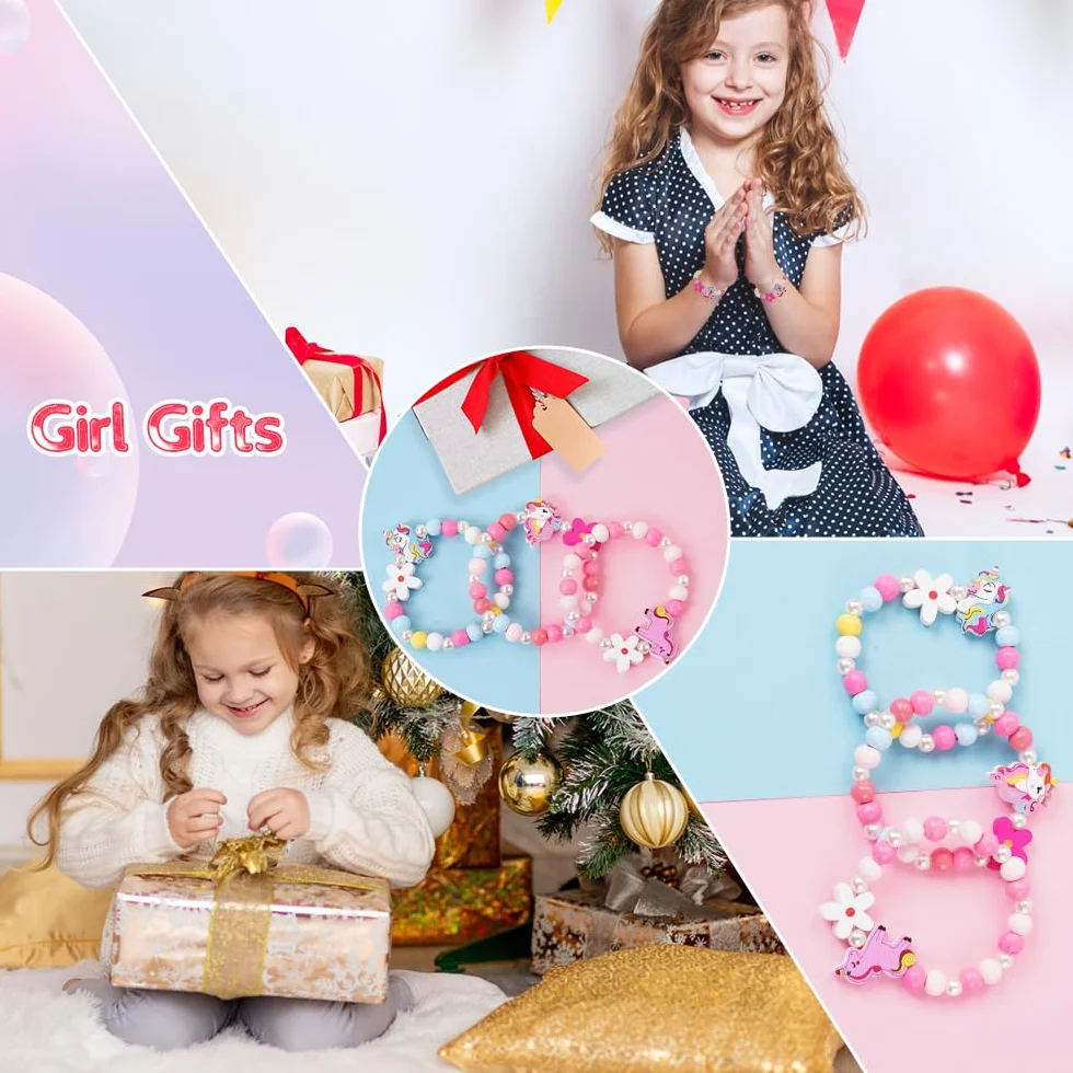 Bracelet Enfant Fille Coloré Bois Fleur Coeur Papillon Bijoux Élastique