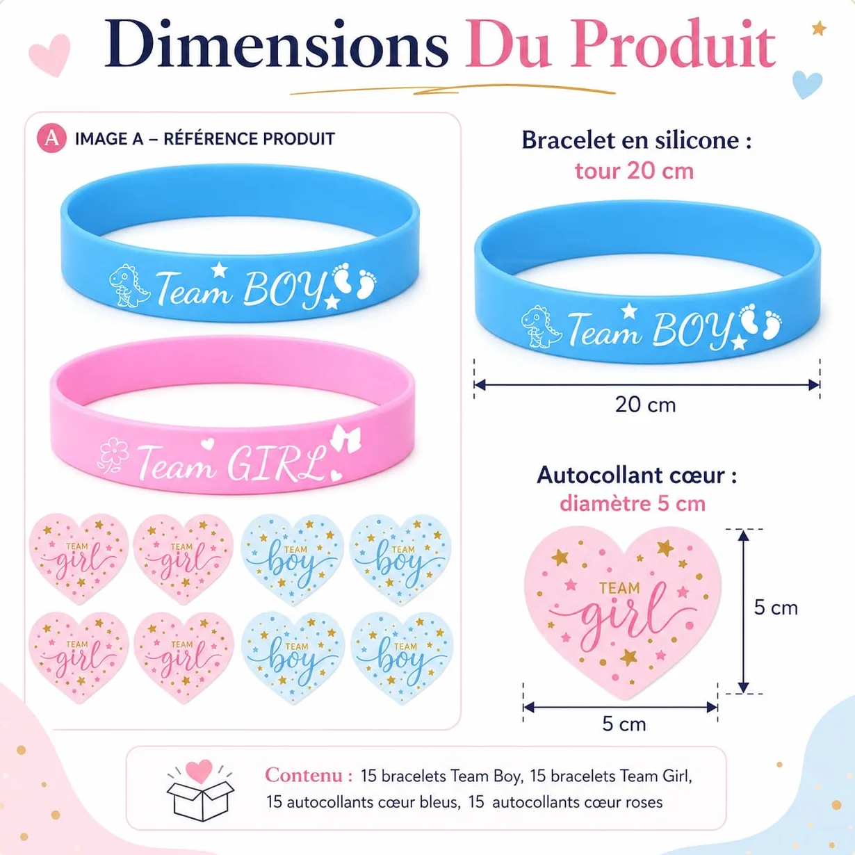 Kit de Révélation de Genre 60 Pièces avec Bracelets Silicone et Autocollants Cœur pour Annonce Grossesse