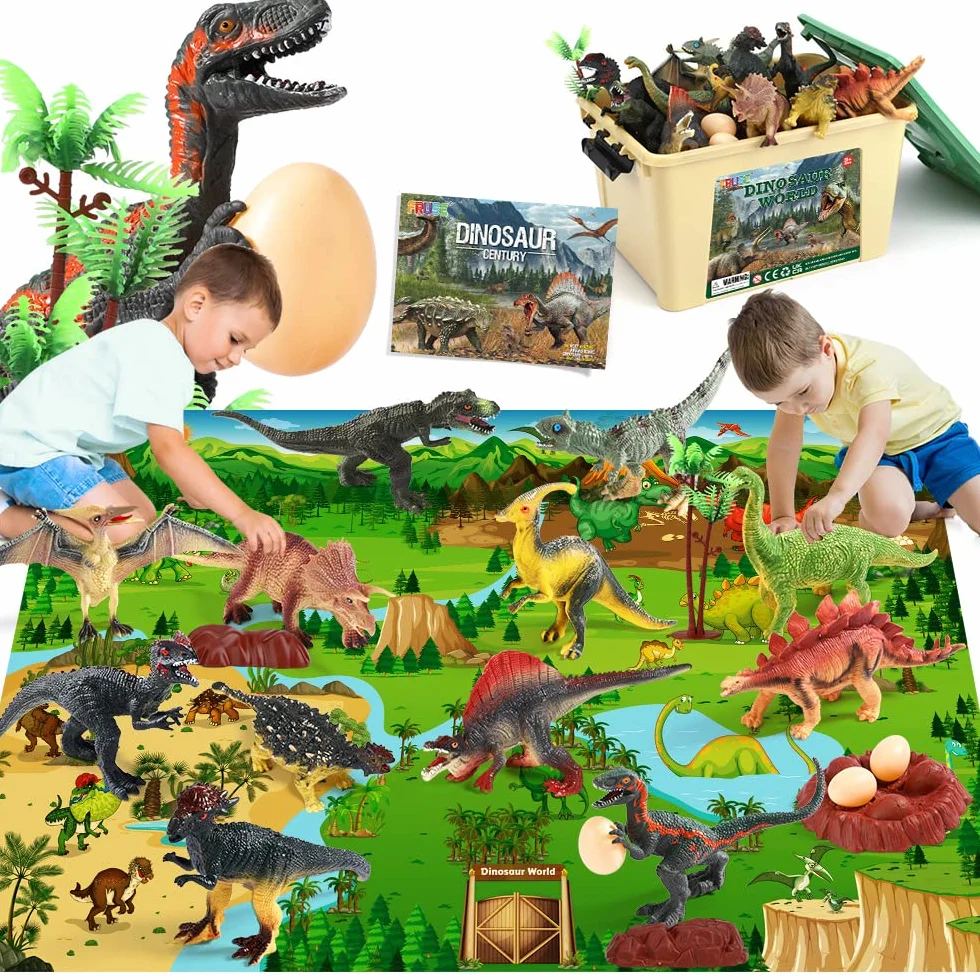 FRUSE Dinosaure Jurassic Jouet 145x98cm Tapis 12 Pièces Figurine Réalistes T-Rex Carnotaurus Boîte Rangement Jouets éducatifs Cadeau Enfants 3-6 Ans