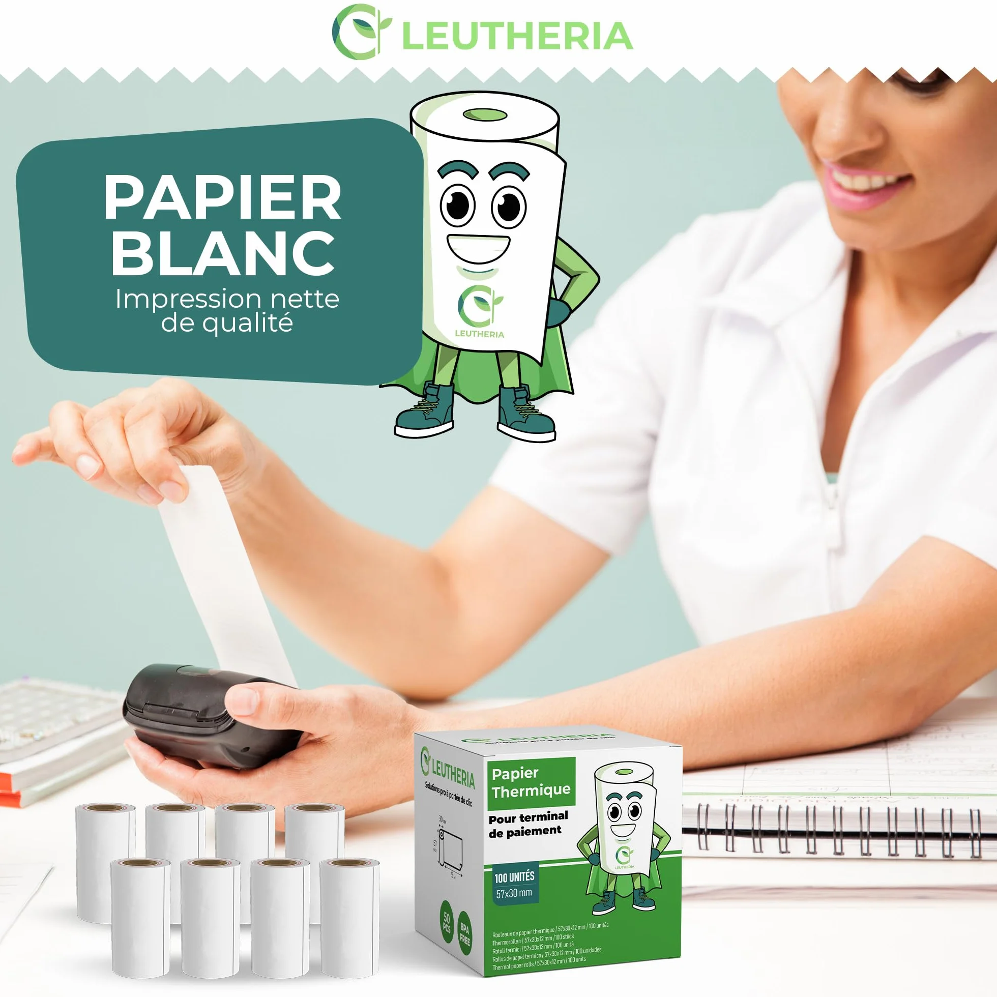 Bobines papier thermique 57x30x12mm sans BPA pour carte bleue ticket de caisse rouleaux CB