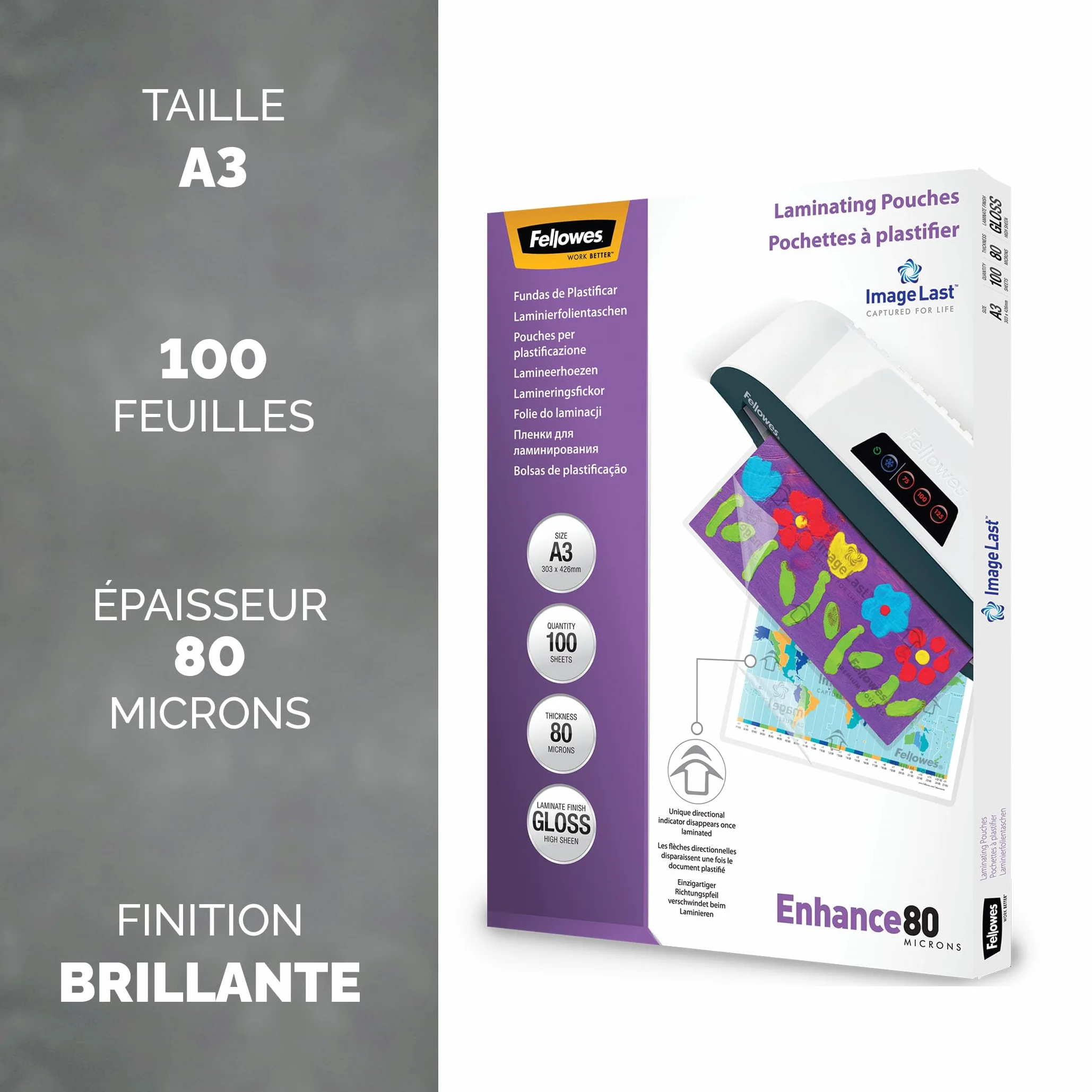 Fellowes Pochette Plastification 80 Microns A3 Pack 100 Feuilles Finition Brillante