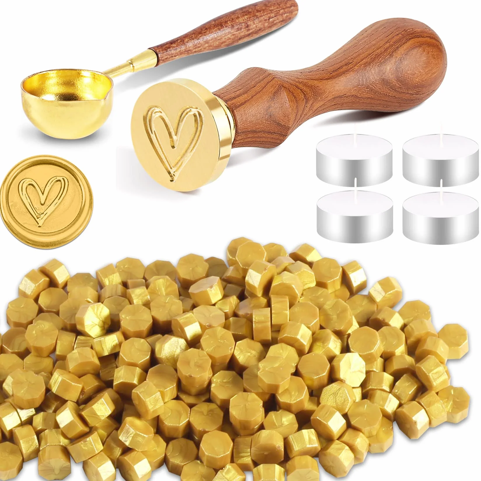 Lot de 200 Perles de Cire à Cacheter avec Cachet, Cuillère et Bougies - Doré Cœur