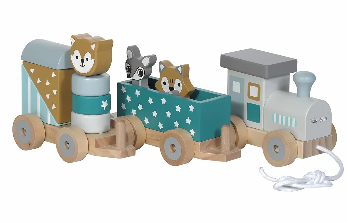 Kindsgut Petit Train en Bois et Cubes de Construction, Jouet en Bois bébé, Animaux du Zoo