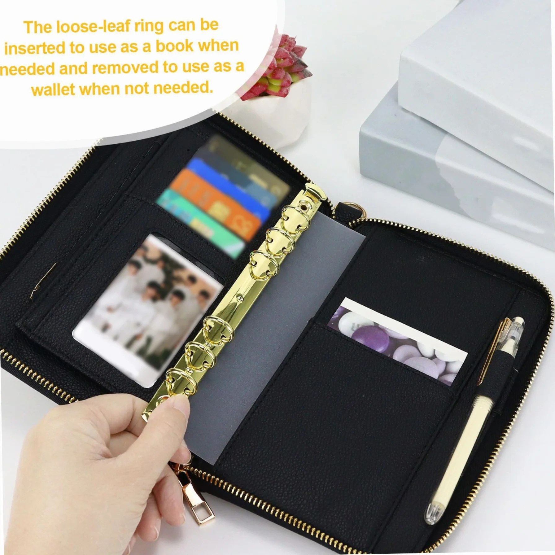 Portefeuille planificateur A7 en cuir PU avec fermeture éclair, organisateur rechargeable 6 anneaux