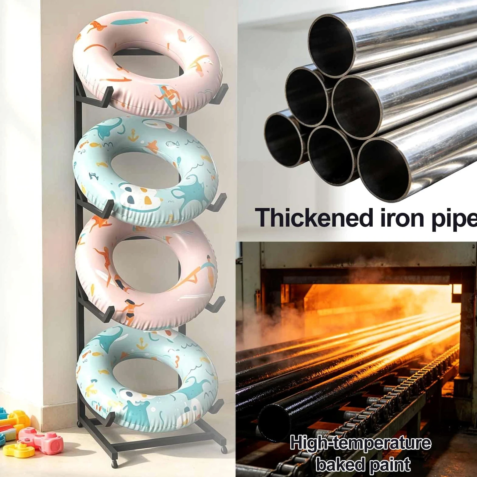 Organisateur de piscine pour bouées et jouets, support de rangement pour bouées et flotteurs, porte-serviettes à roulettes pour garage, balcon, piscine, terrasse, plage (noir, 60*50*170cm)