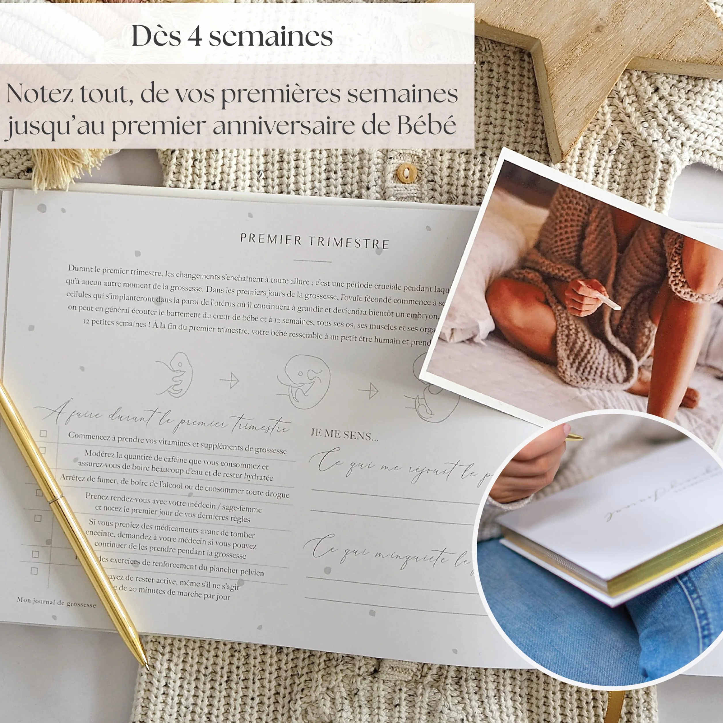 Journal de Grossesse de Luxe pour Futures Mamans - Carnet avec Calendrier, Scrapbook, Check-list, Organisateur et Livre de Naissance (Doré)