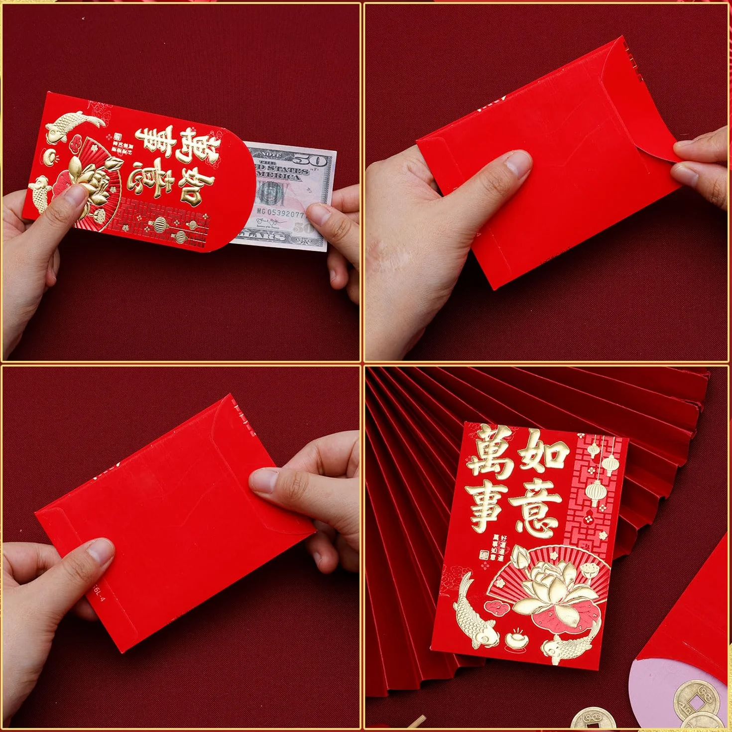 Hong Bao Enveloppes Rouges Nouvel An Chinois 11,5x8cm 36pcs Monnaie Cuivre 50pcs Feng Shui