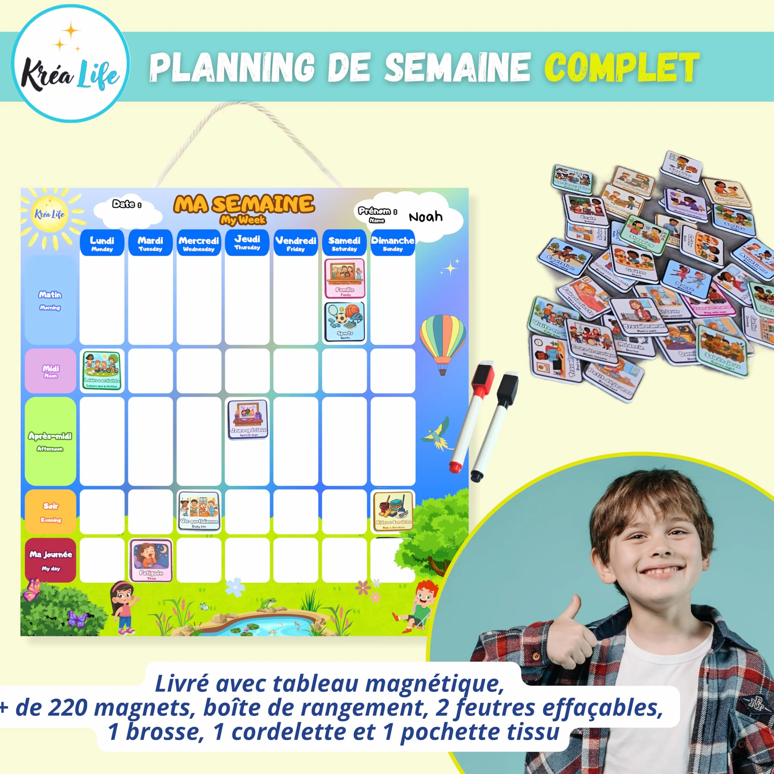 KréaLife® Planning Semaine Enfant Tableau Magnétique 40x40 cm +220 Aimants Colorés Éducatif Bilingue FR/EN