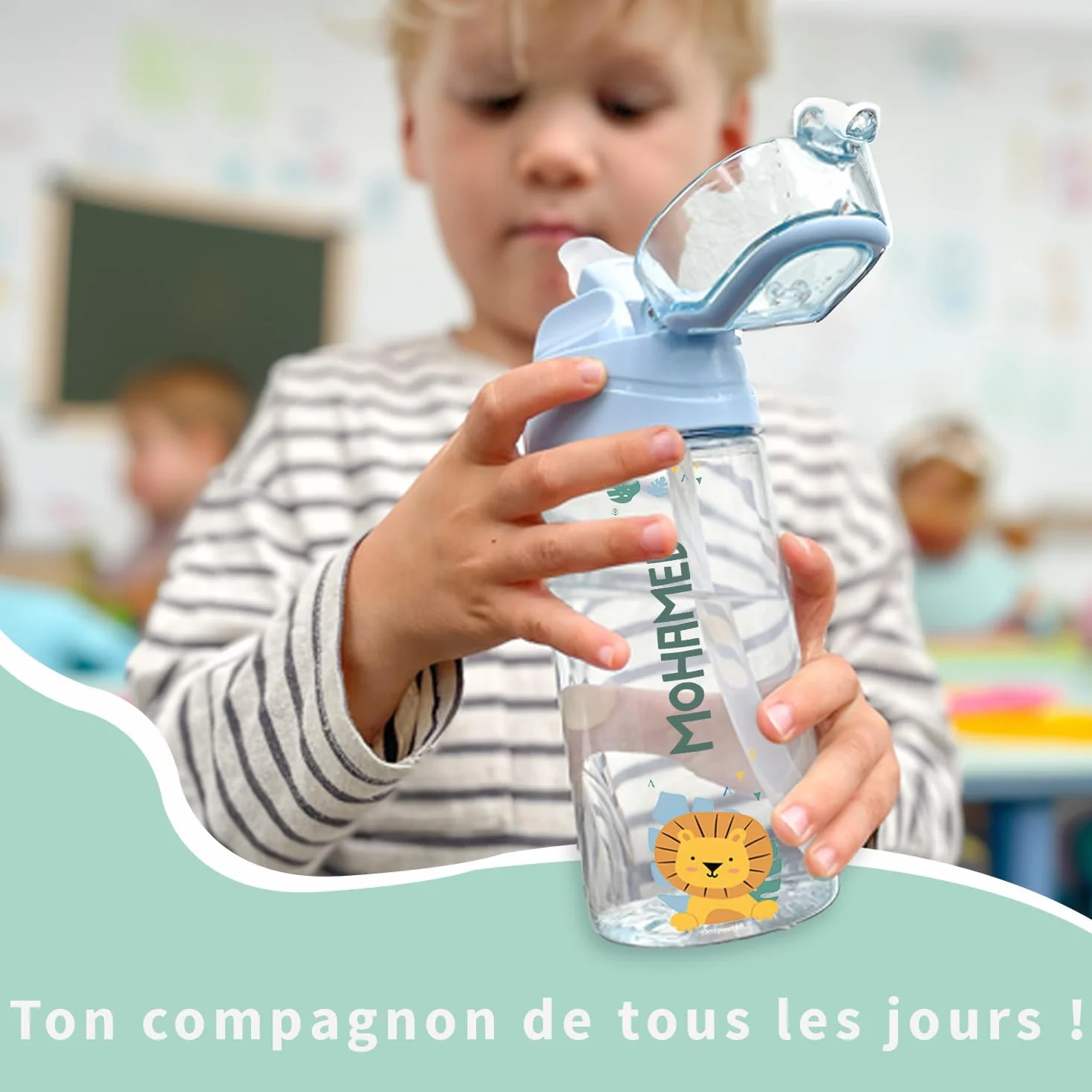 BIENMARQUER Gourde Personnalisable Enfant 450mL Bleu Clair Anti-Fuite