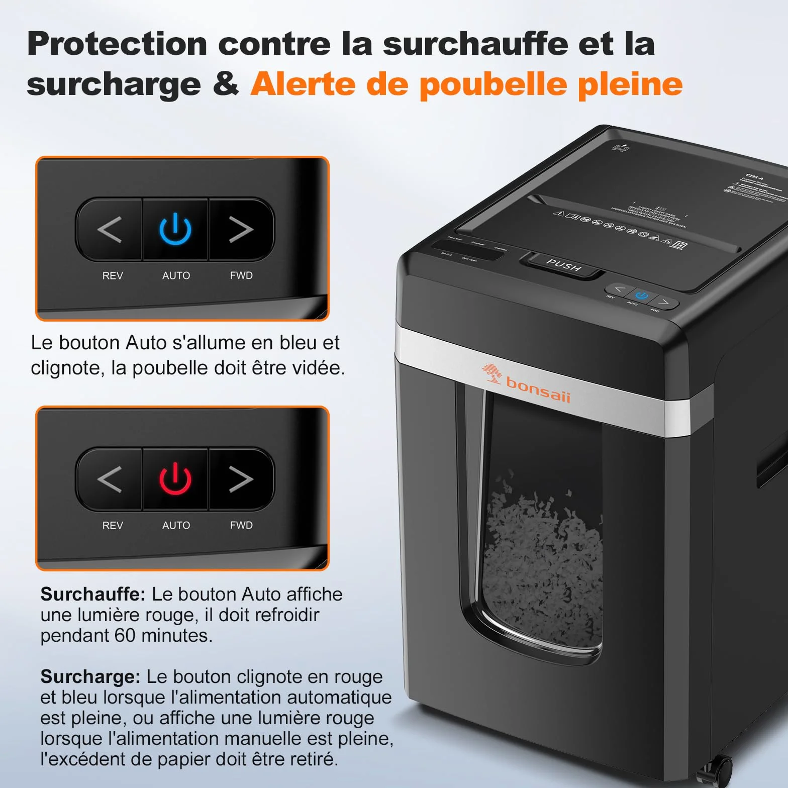 Bonsaii Destructeur de Documents Micro-Coupe P-4, Alimentation Automatique 300 Feuilles, 60 Min Continu, Bac 31L, C291-A