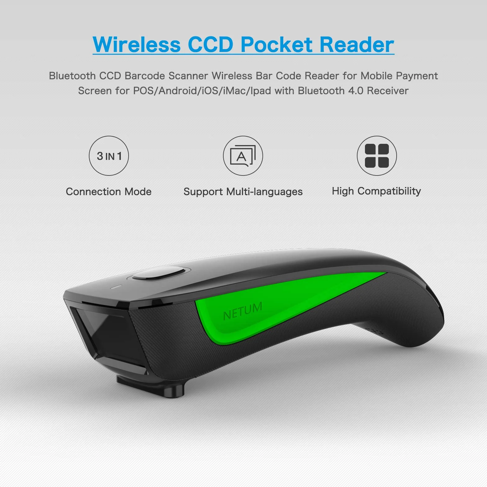 NETUM C740 Bluetooth Barcode Scanner sans Fil 1D pour Tablette iPhone iPad Android iOS PC POS