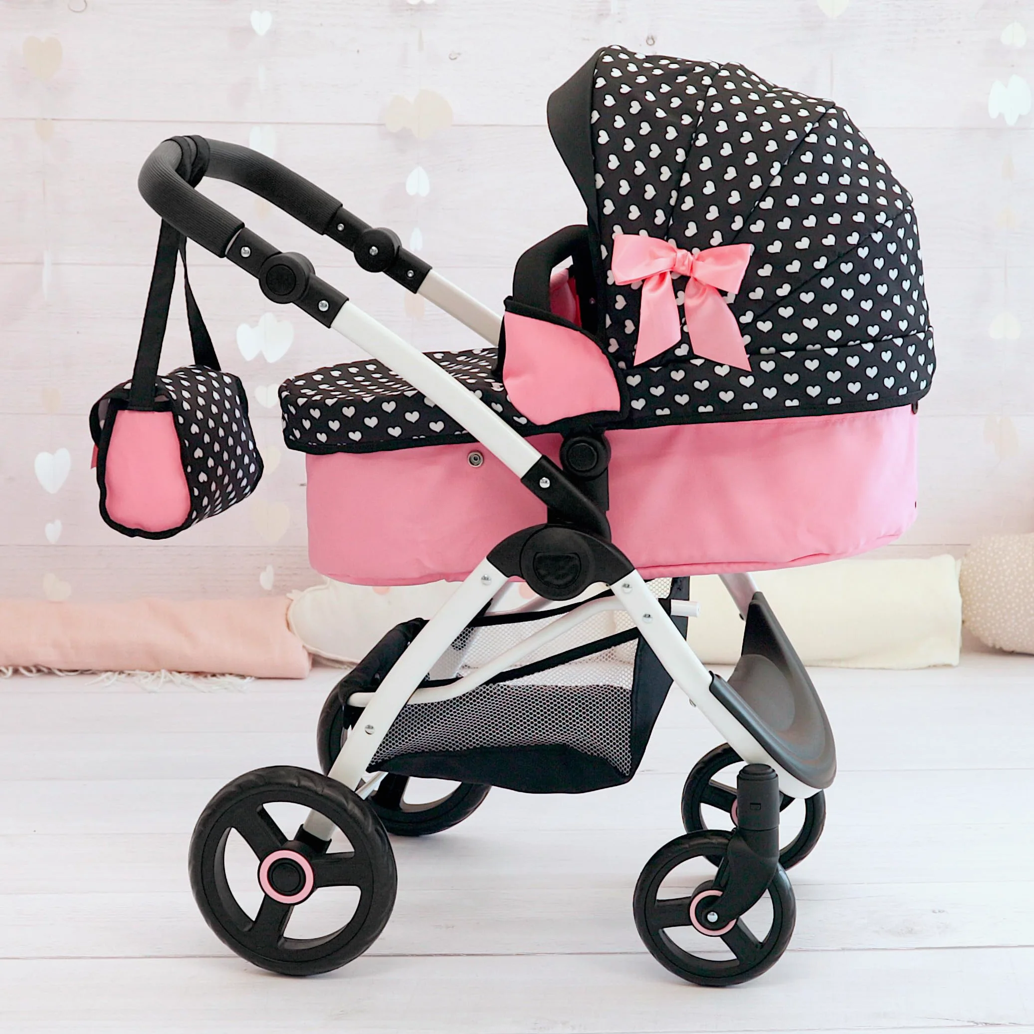 Bayer Design 17560AA Landau de poupée City Max avec Sac, réglable en Hauteur, Roues Avant pivotantes, Transformable en Poussette Canne, Panier intégré, Noir, Rose | réglable en hauteur, roues avant pivotantes, transformable en poussette canne, panier inté