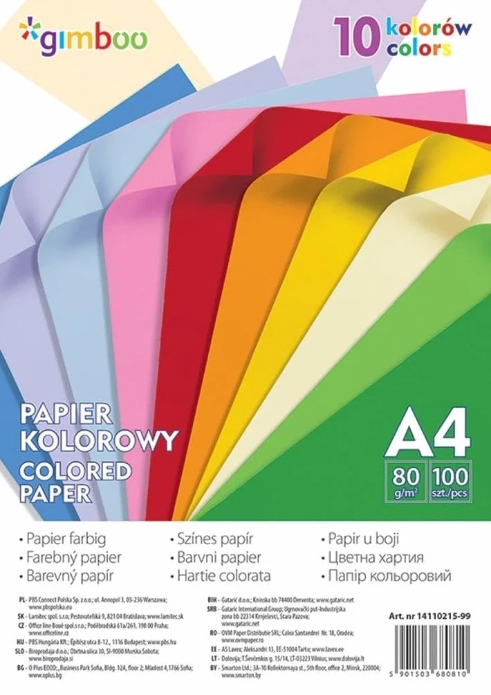 Papier kolorowy A4 Gimboo 100 sztuk