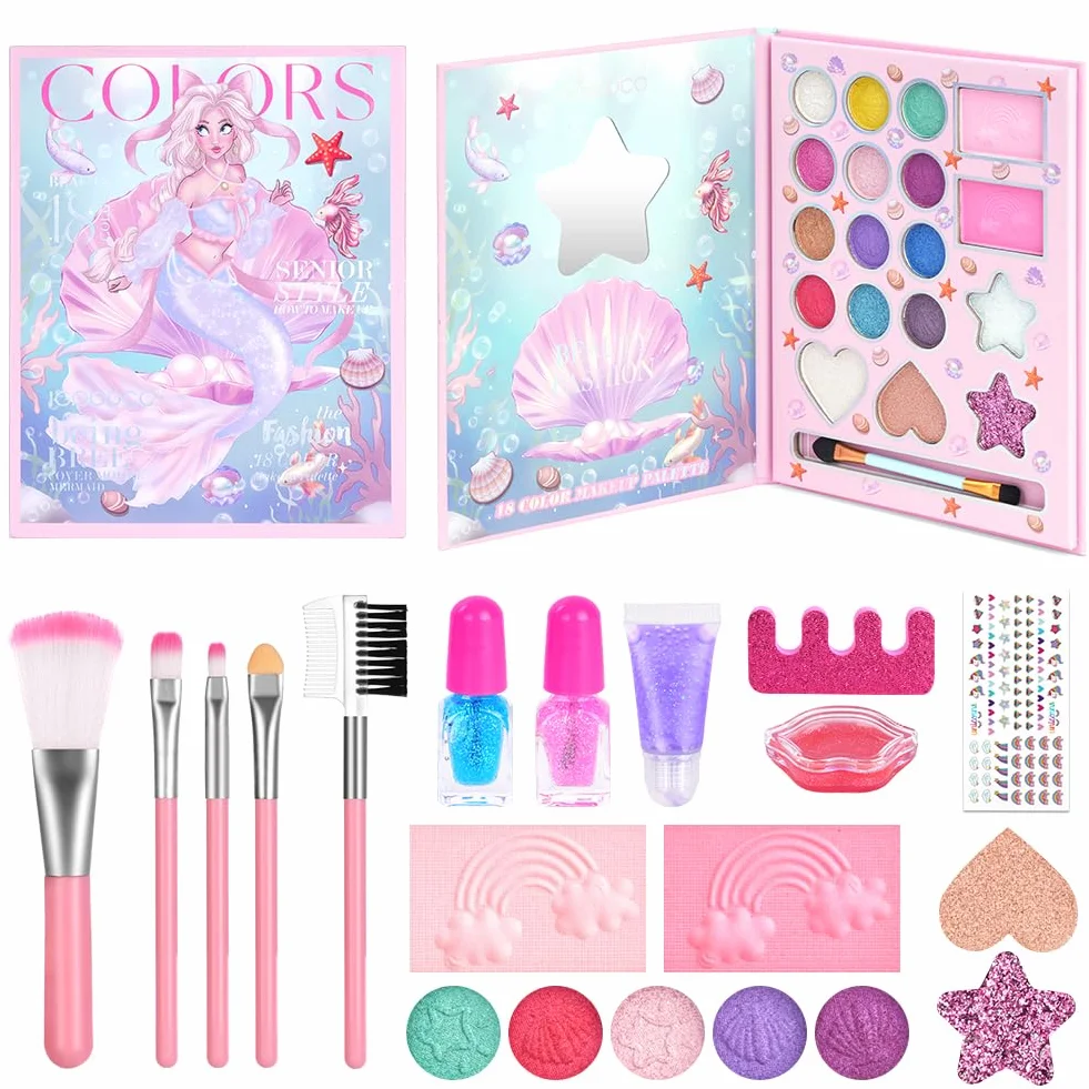 Aomig Coffret Maquillage Enfant Jouet Filles, Kit de Maquillage Enfant Lavable Non Toxique 12 Pièces