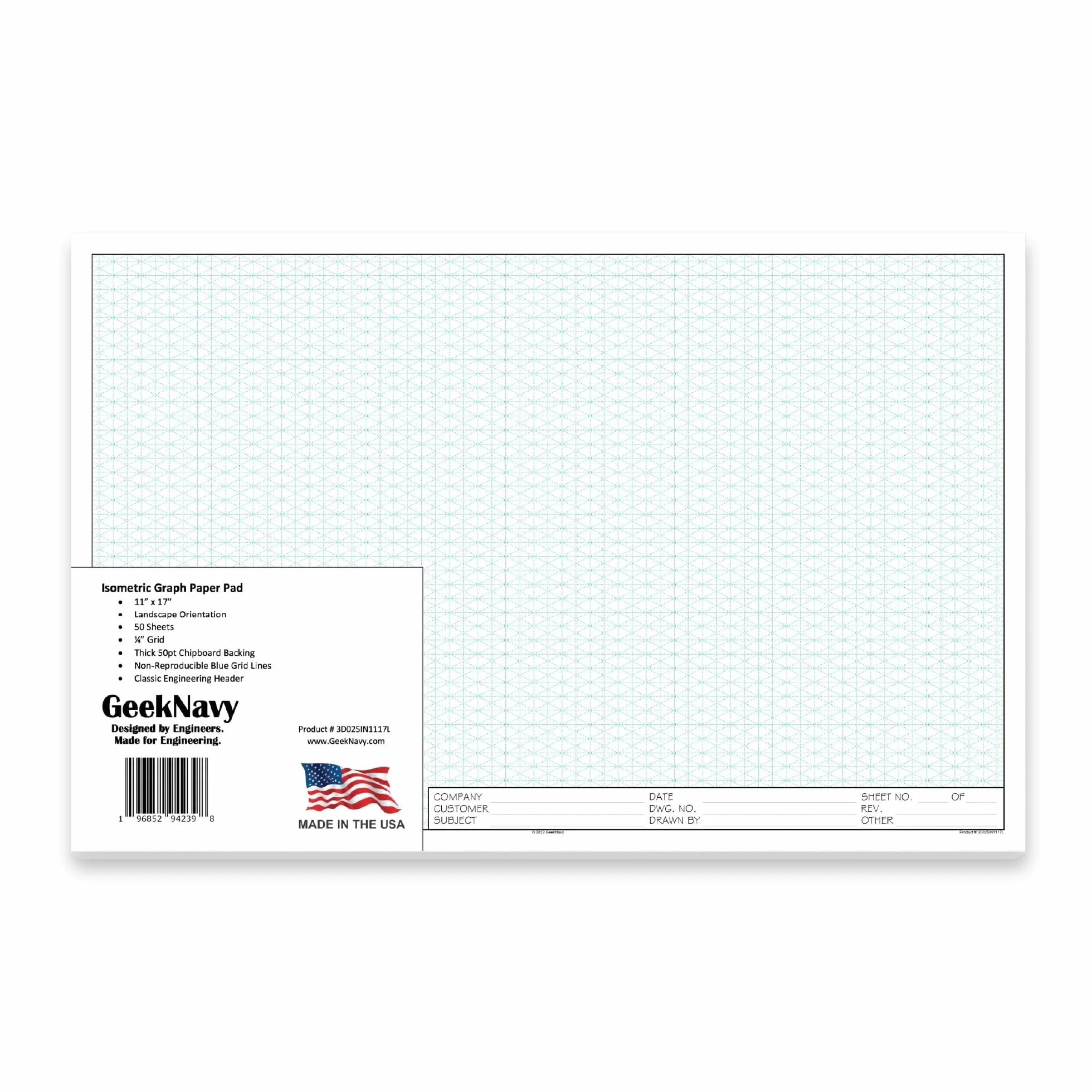 GeekNavy Papier graphique isométrique 50 feuilles 27,9 x 43,2 cm Grille 0,6 cm Bleu non photo Haute luminosité