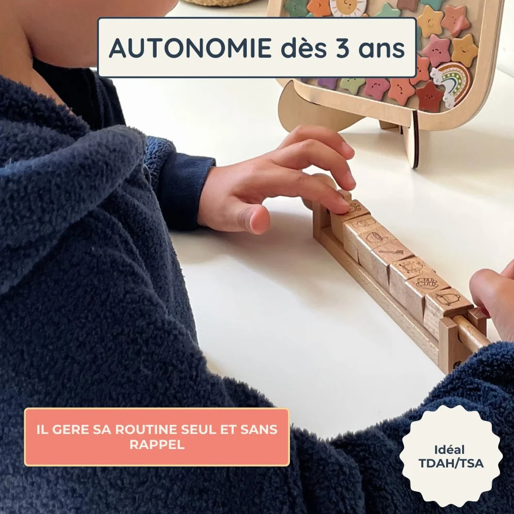Cubes Routine Enfant Matin & Soir, Tableau Visuel 22 Cubes Pivotants en Bois, Autonomie TDAH/TSA