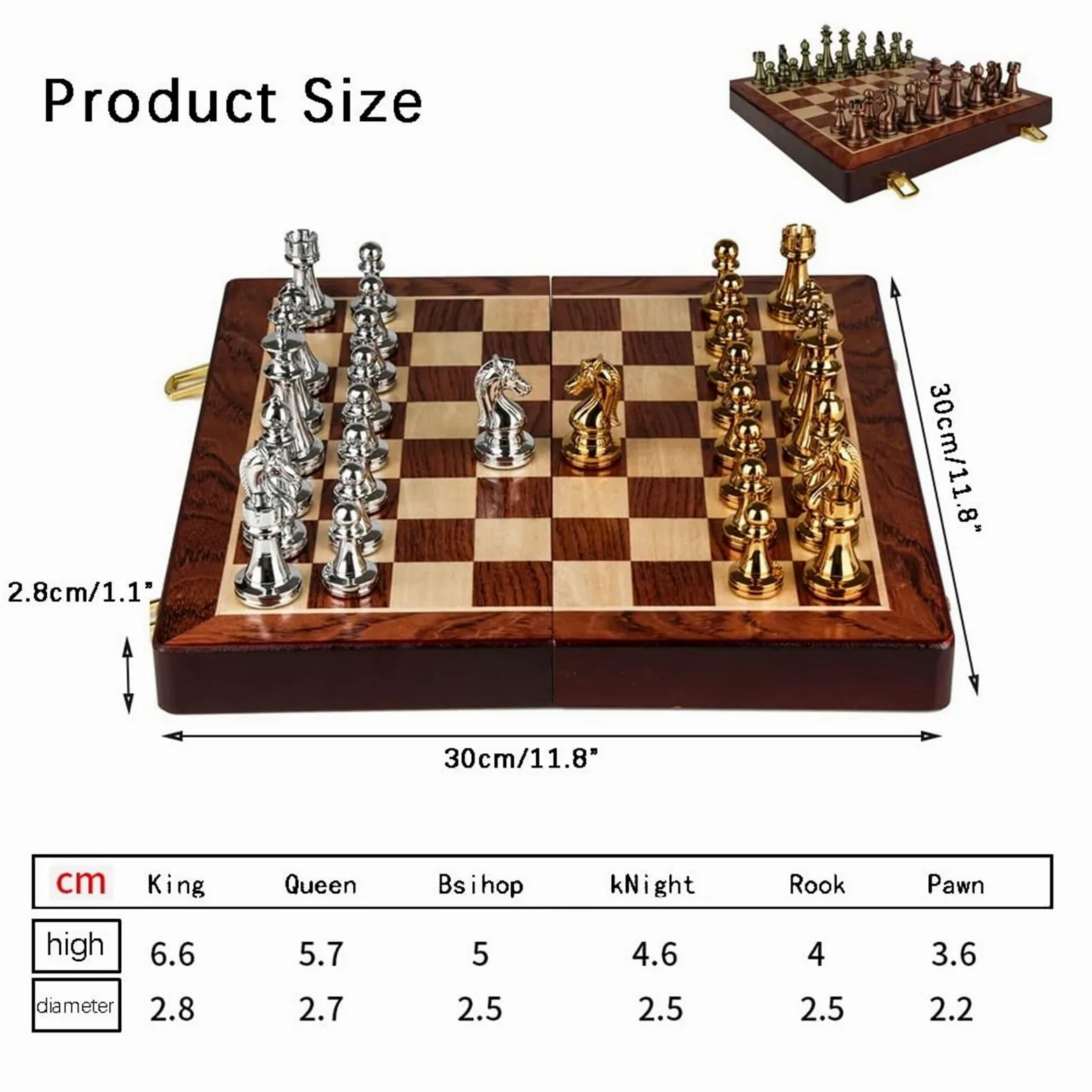Jeu d'échecs rétro en métal avec échiquier Pliant en Bois échecs | Et des pièces standards classiques faites à la main.