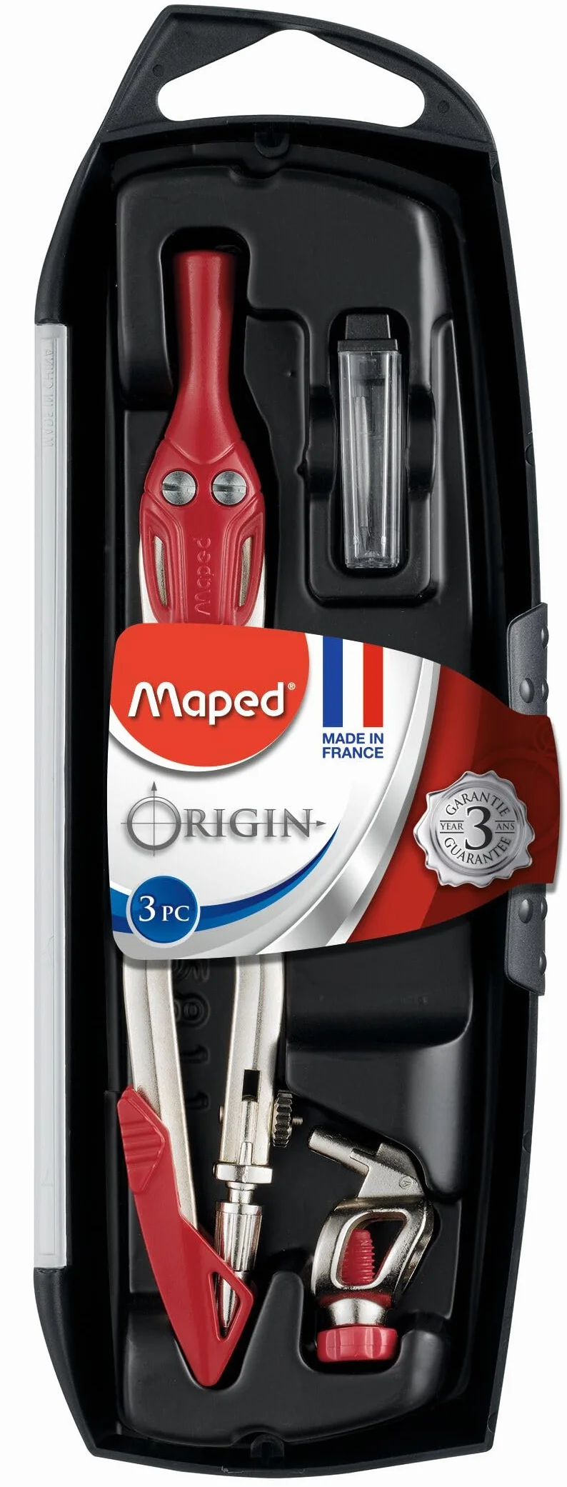 Maped Coffret Origin 3 Pièces Compas Scolaire Bague Universelle Étui-Mines Branches Acier