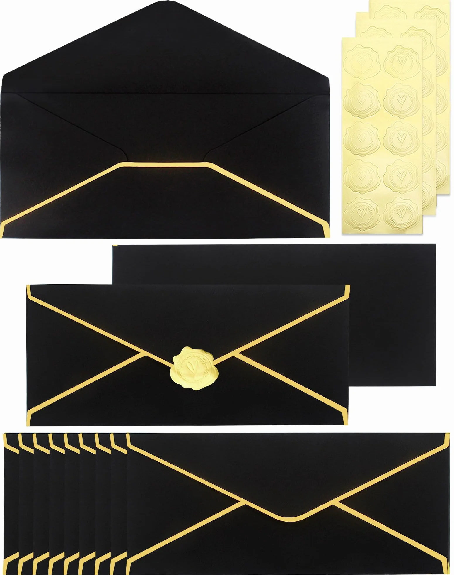 Enveloppes professionnelles noires bordure dorée 150 g/m² 24x10 cm autocollants dorés