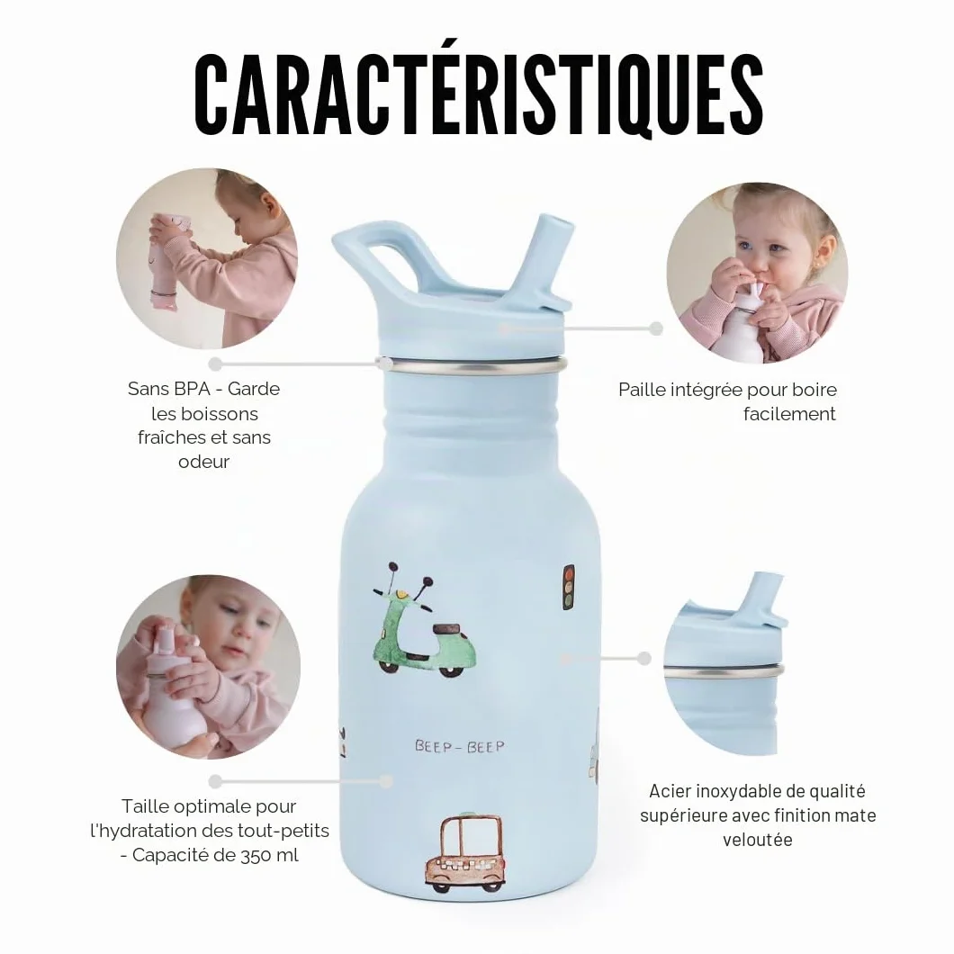 J.Børn Bouteille personnalisée acier inoxydable 350 ml avec paille Roadtrip