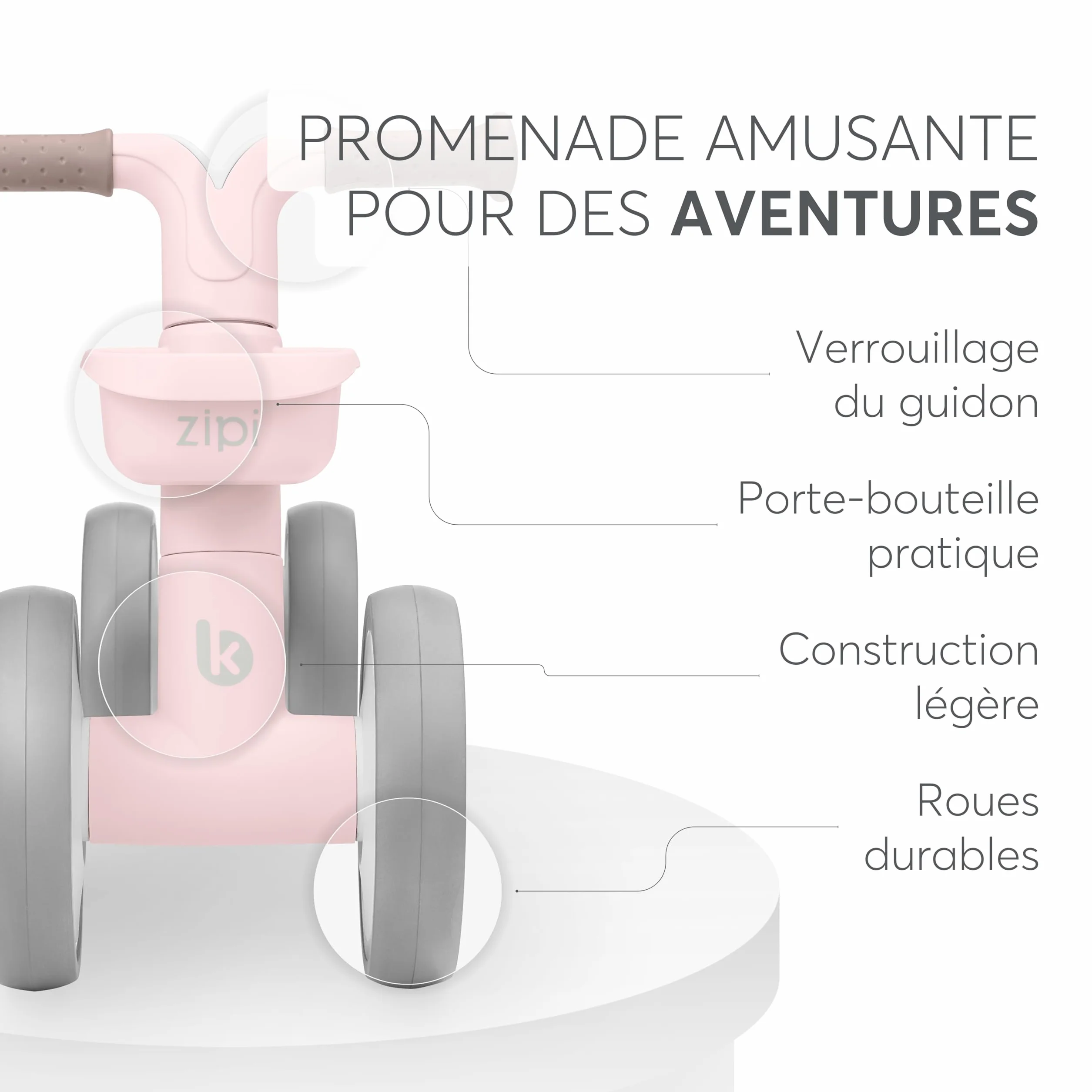 KikkaBoo Vélo sans pédales ZIPI, vélo d'équilibre bébé 1-3 Ans avec Panier réglable