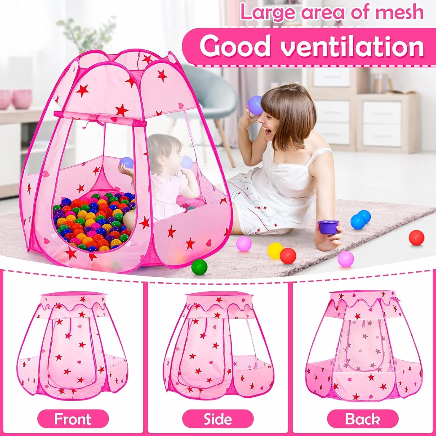KAHEIGN Tente de Princesse Pop-Up 115CM x 90CM Pliable Piscine à Balles Rose avec Sac de Transport