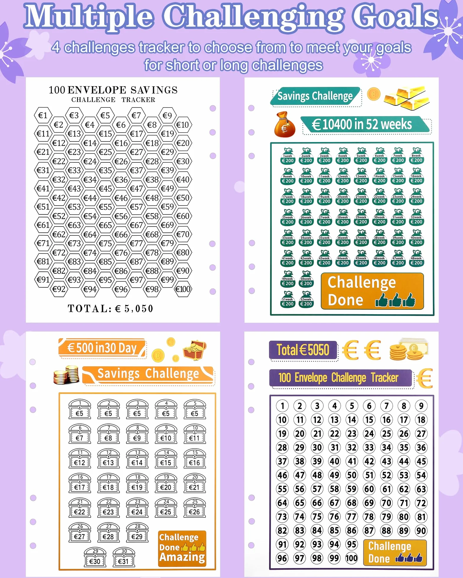 A5 Classeur Budget avec Challenge Tracker & Compartiments d'Argent Pré-Numérotés, Enveloppe Économie Argent - Violet