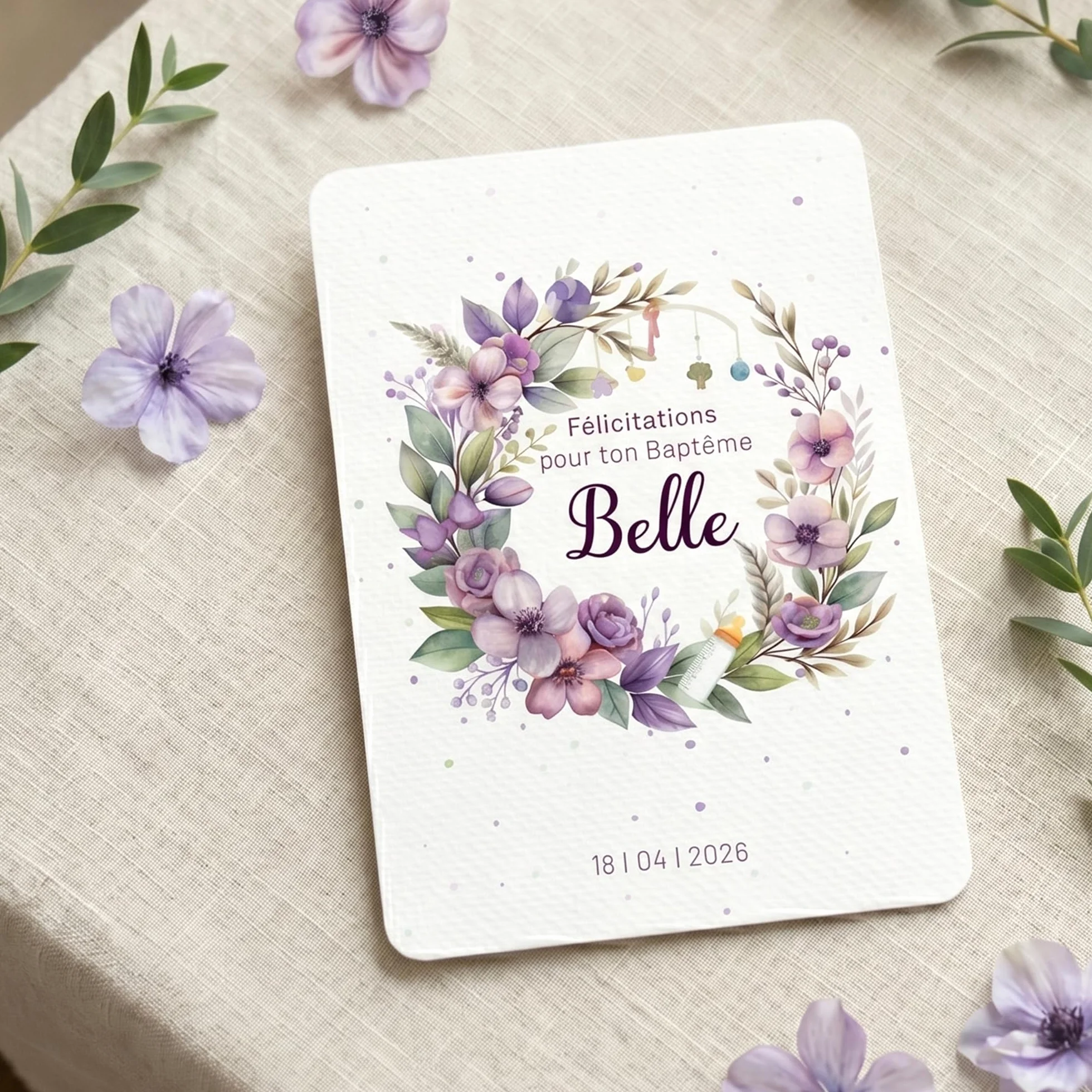 Carte félicitations baptême personnalisée, couronne fleurs, prénom, date, texte personnalisable, thème bleu garçon