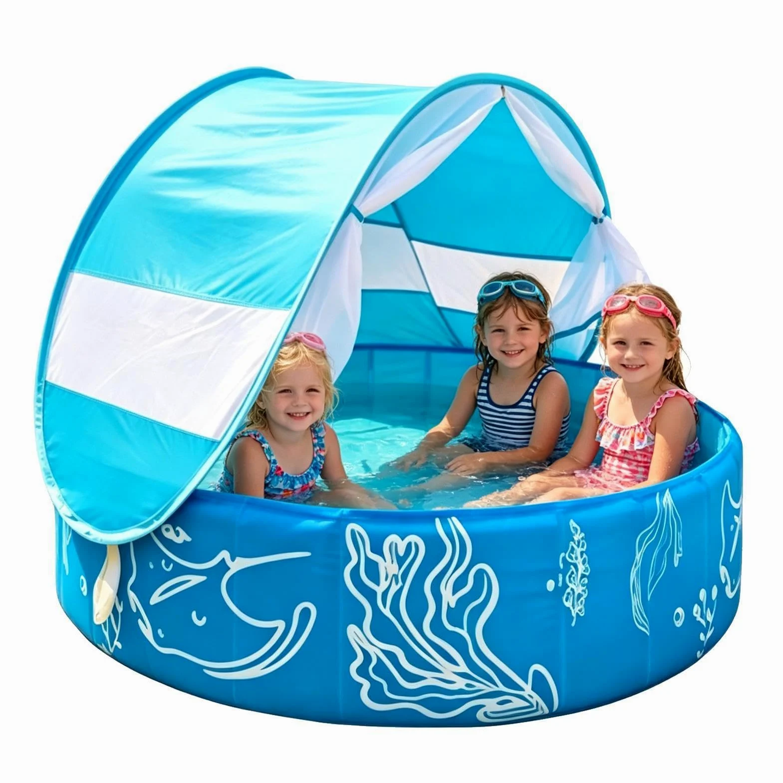 Piscine pour enfants avec auvent solaire et filet de protection pliable | Piscine pour enfants de 120 x 30 cm pour jeu extérieur en été, patio, plage, voyage et jardin