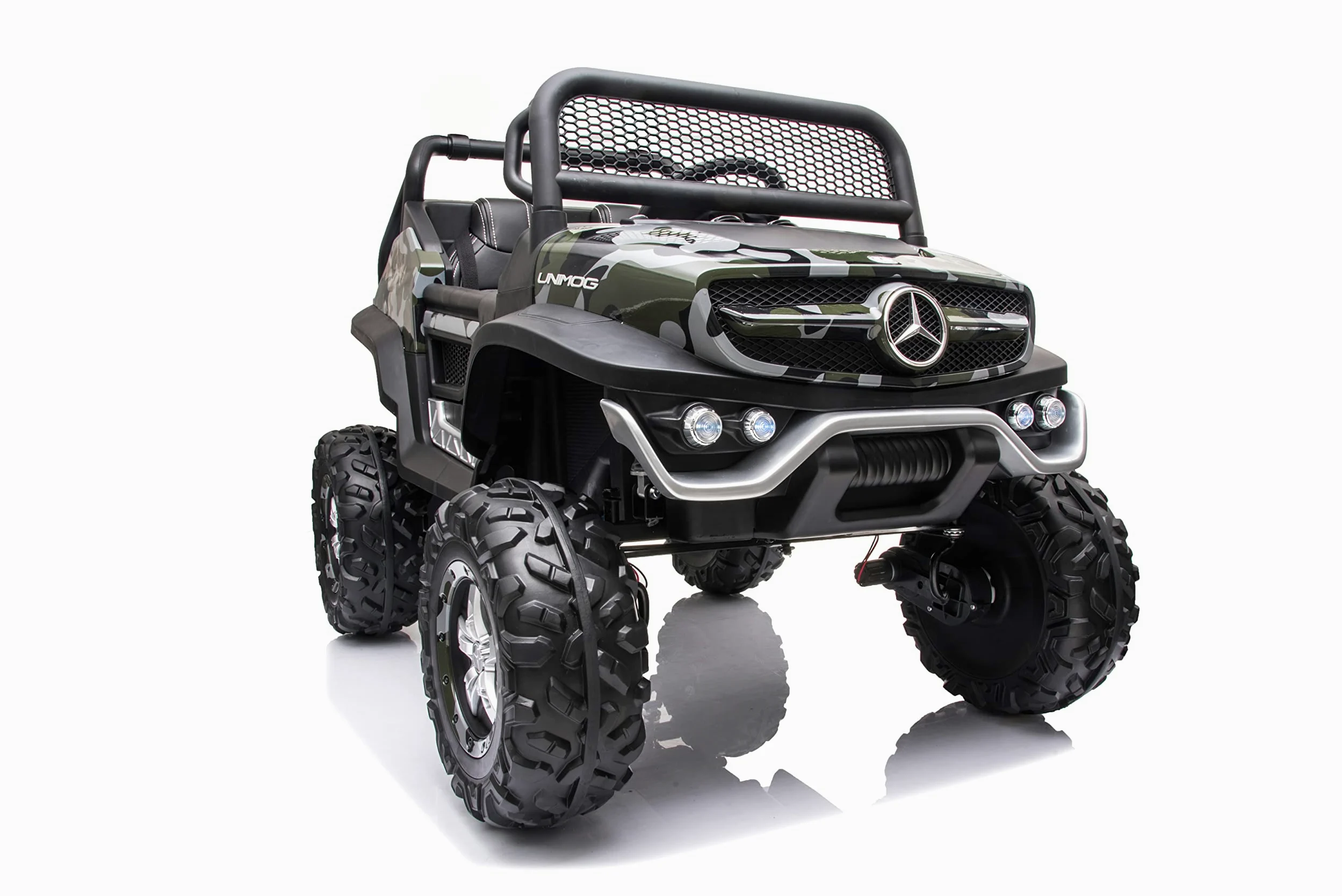 FINOOS Buggy 4x4 Voiture électrique Enfant Mercedes Unimog 12V, avec télécommande 2.4Ghz, Siège en Cuir et Roues en Gomme (EVA) 4 x Moteur 12V 45W, Batterie: 12V10Ah, 1-5 Ans (Camouflage)