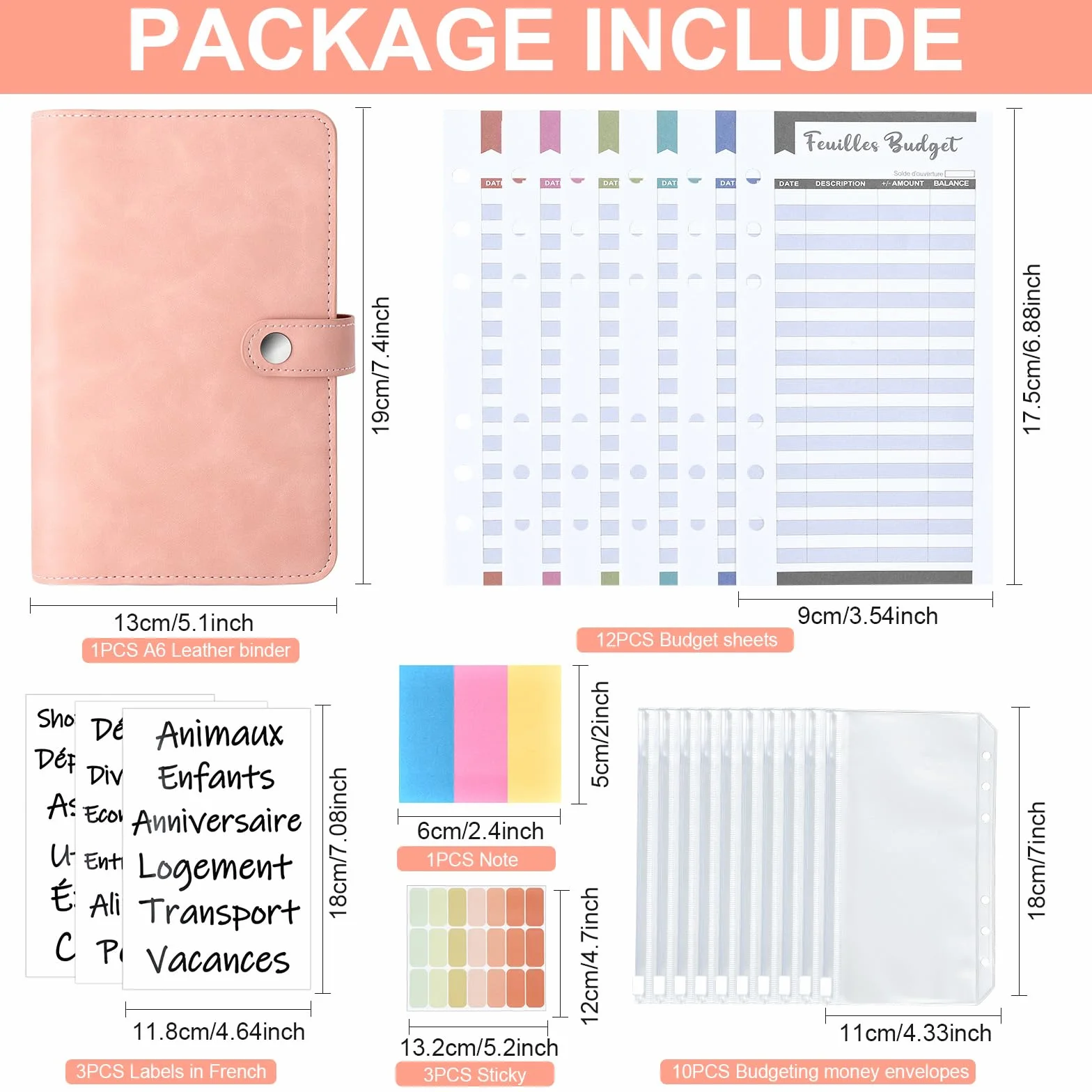 Classeur A6 en PU Cuir Budget Planner avec 10 PVC Enveloppe Budget, 12 Feuilles Budget, 3 Autocollants