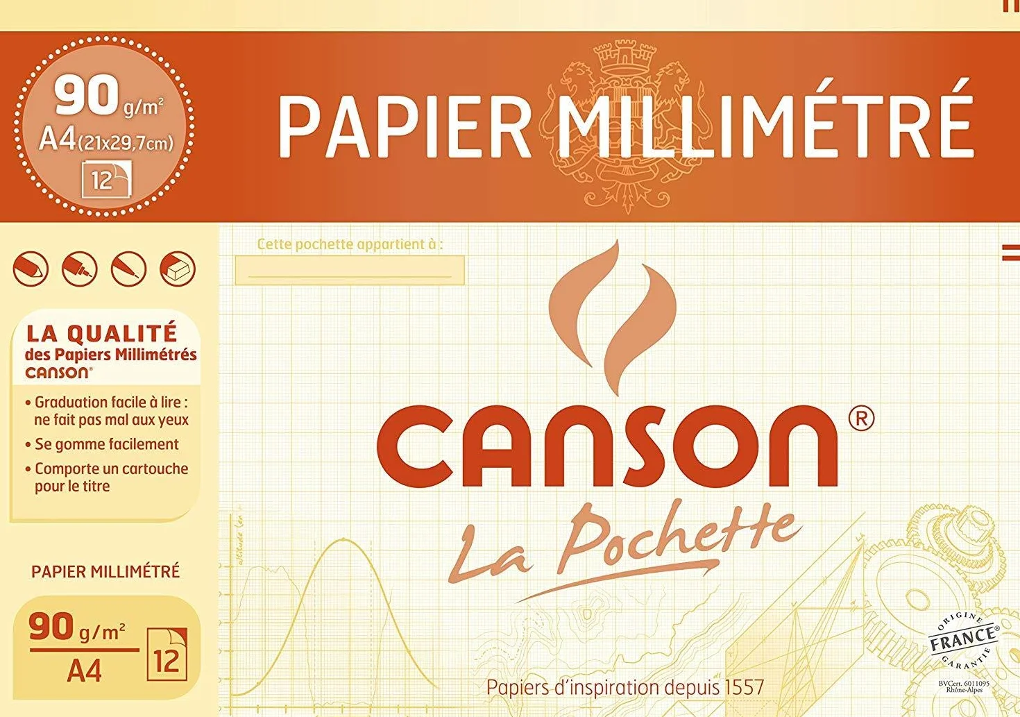 Canson Pochette Papier Millimétré Bistre A4 90G/m² 12 Feuilles
