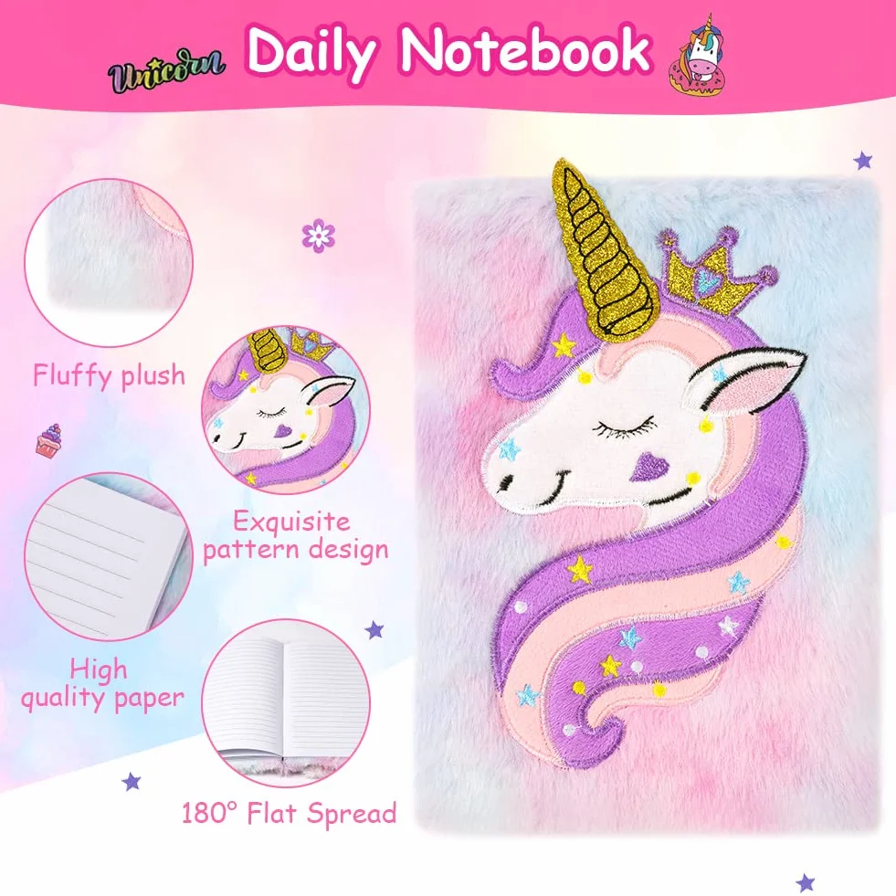 OFFCUP Journal Intime Fille Crown Unicorn Carnet Secret en Peluche 160 Pages A5 avec Stylo et Autocollants
