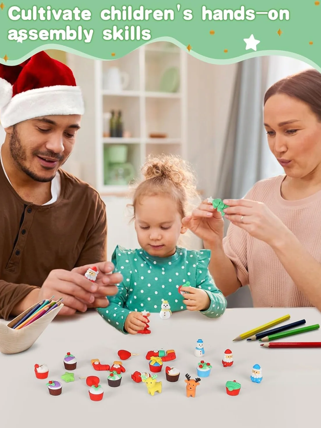 Gommes de Noël 3D 60 Pièces Puzzle à Assembler Père Noël Renne Bonhomme de Neige Sapin de Noël