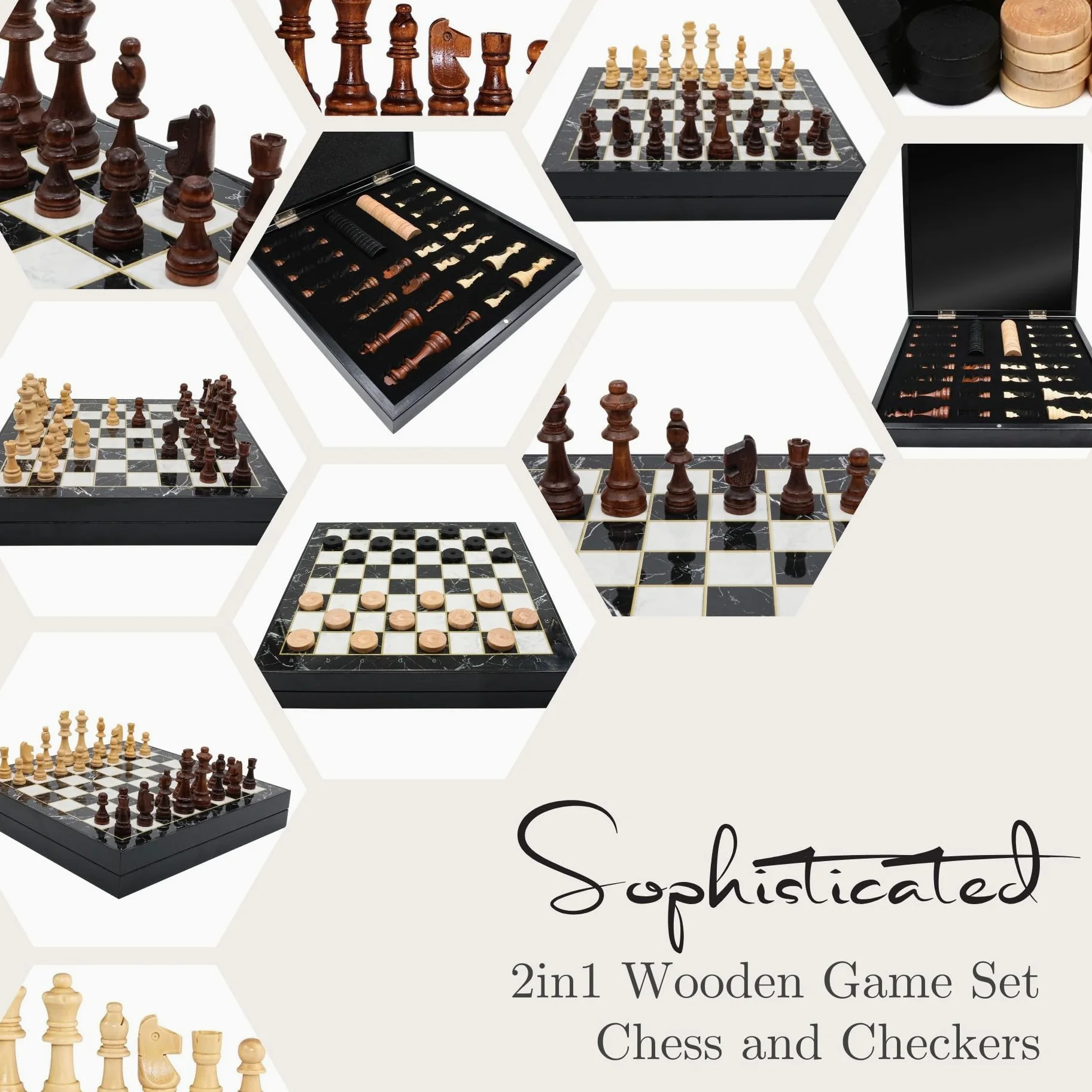 Jeu d'échecs de rangement personnalisé | 36 cm | Dames et pièces d'échecs en bois, courants d'air