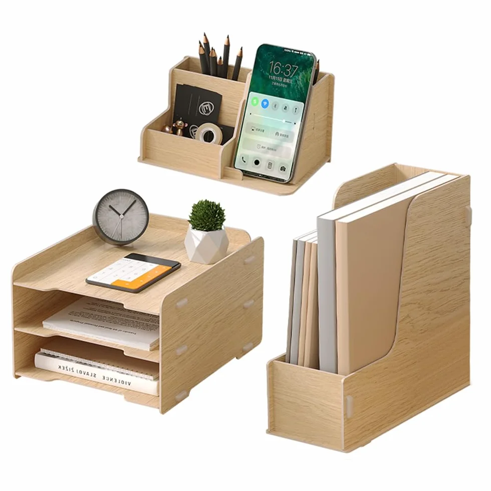 NUODWELL Ensemble de rangement de bureau en bois – Bac à courrier A4 3 niveaux, porte-documents, porte-stylos, organiseur de bureau (chêne)