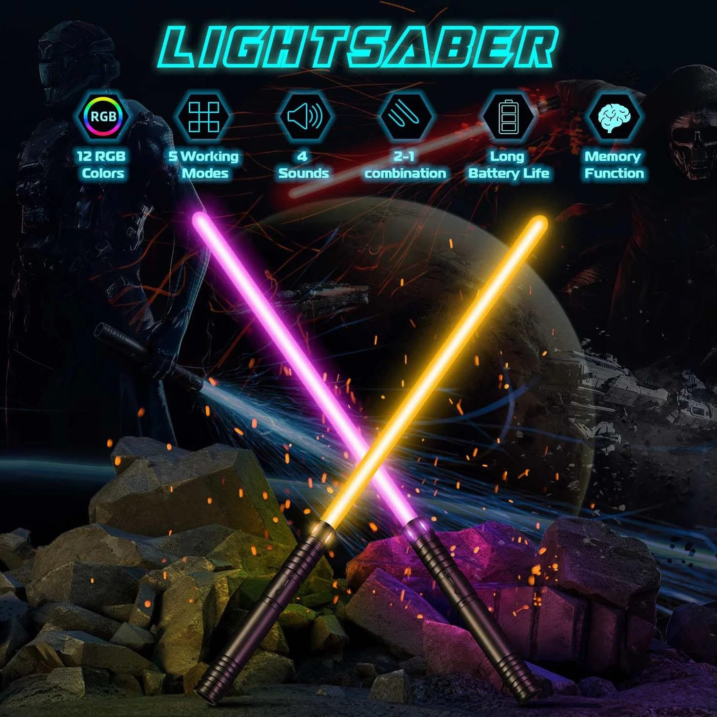 Sabre Laser pour Enfants, 2 Pièces Lightsaber 12 Couleurs Rechargeable avec Son, Jouet Cosplay Halloween