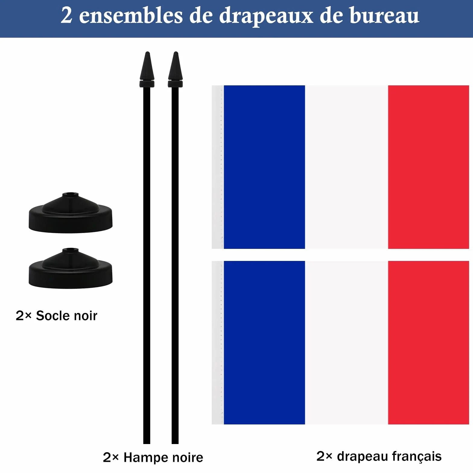 Ensemble de Drapeau Français de Table 21 x 14 CM avec Hampe et Socle 2 Pièces