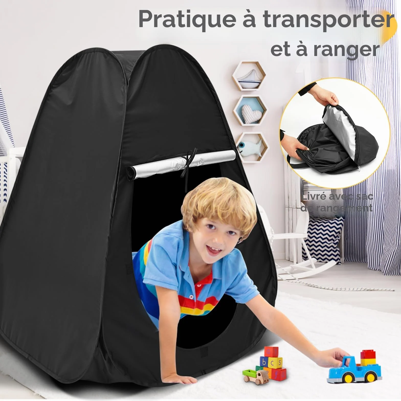 Tente sensorielle pop-up noire pour autisme anxiété SPD voyage maison école