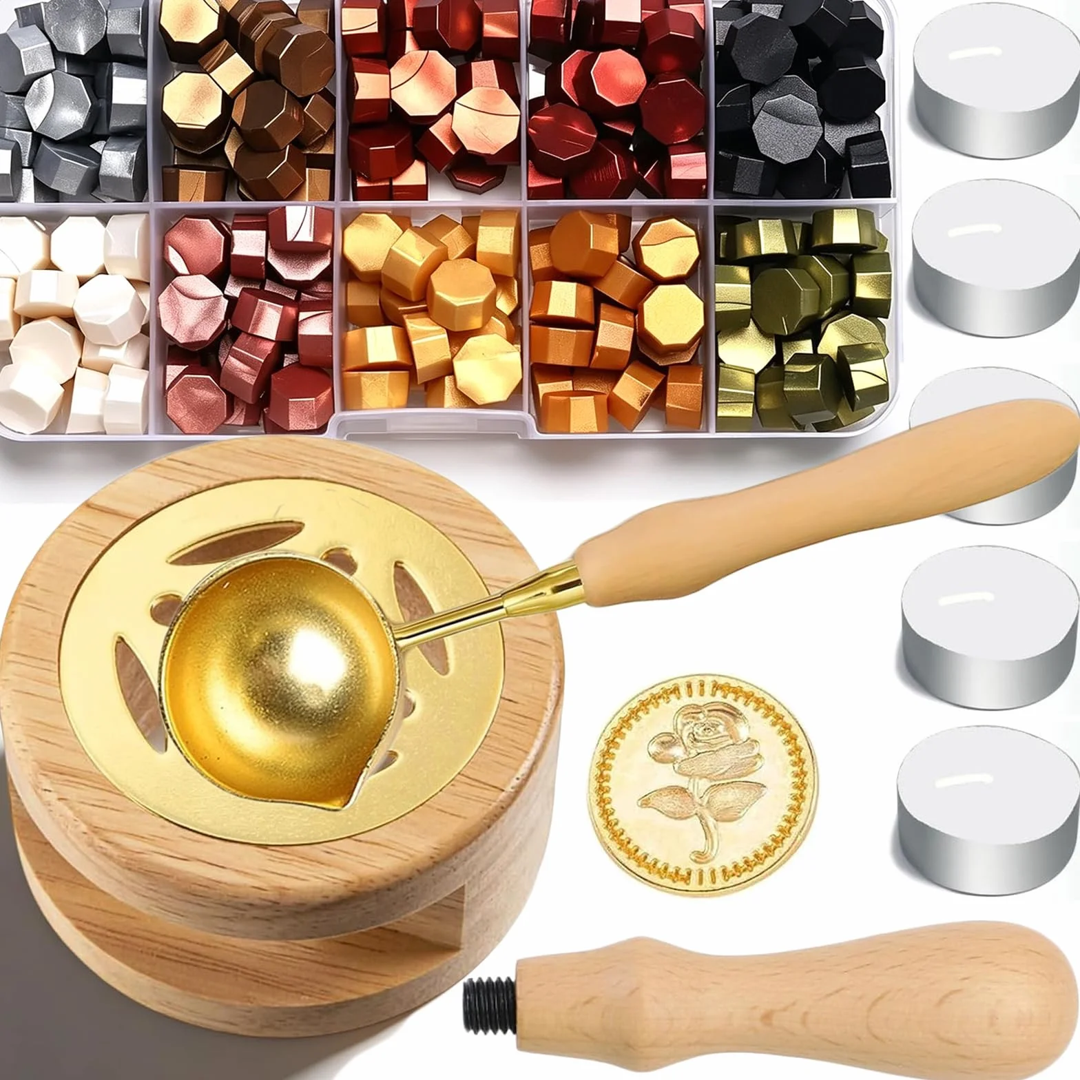 Kit de Cire à Cacheter, 200 Pièces Perles de Cire, Tampon Cachet, Outil de Chauffe & Cuillère, 5 Bougies