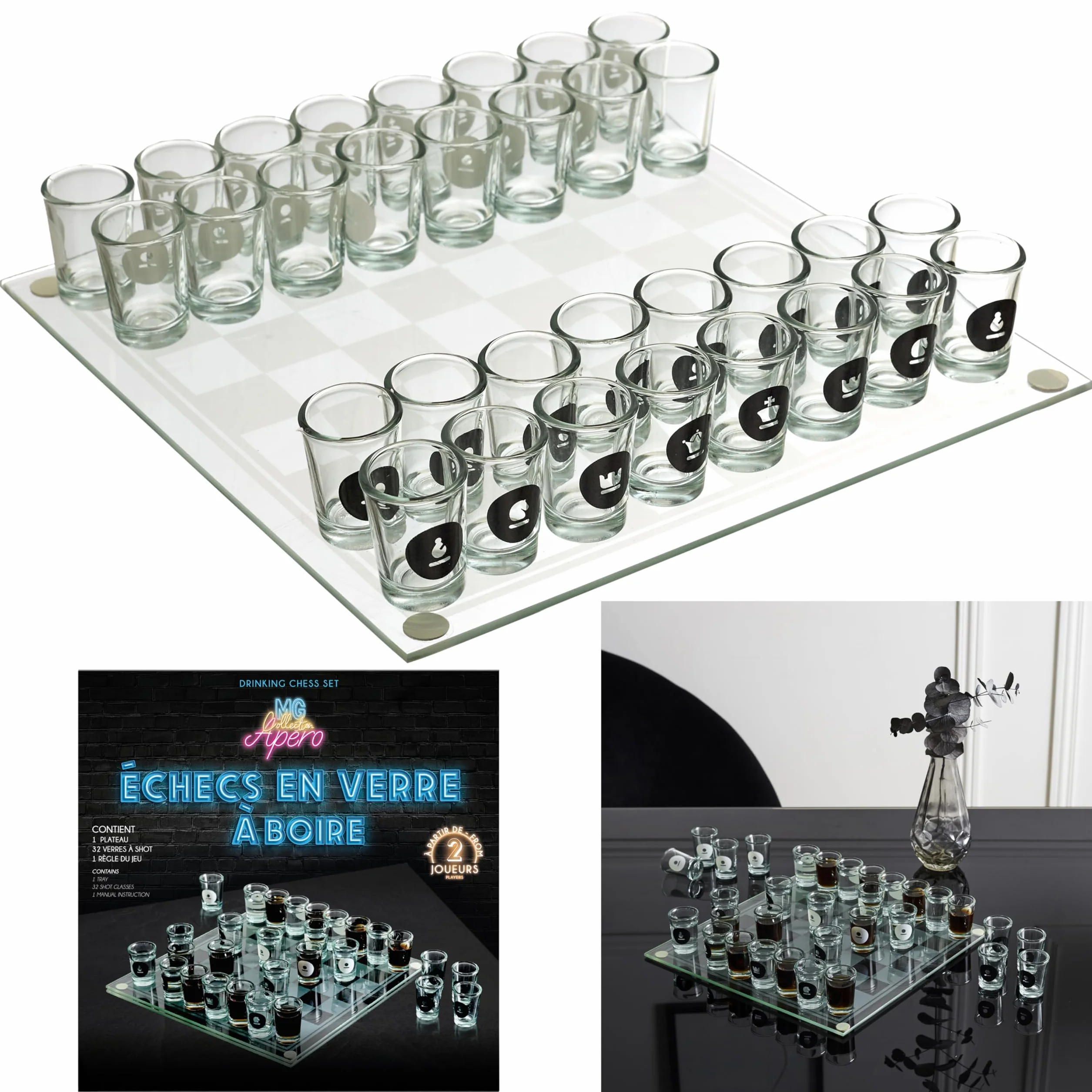 MISTER GADGET MG3519 Jeu d'Échecs à Boire en Verre Blanc et Noir