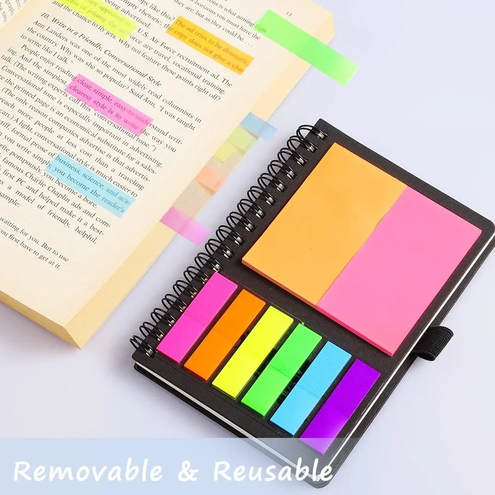 AGPTEK Carnet à Spirale avec Notes Colorées, Bloc Note Couverture Kraft, Cahier Spirale avec Porte-Stylo, Notes Autocollantes pour Étude et Bureau Noir