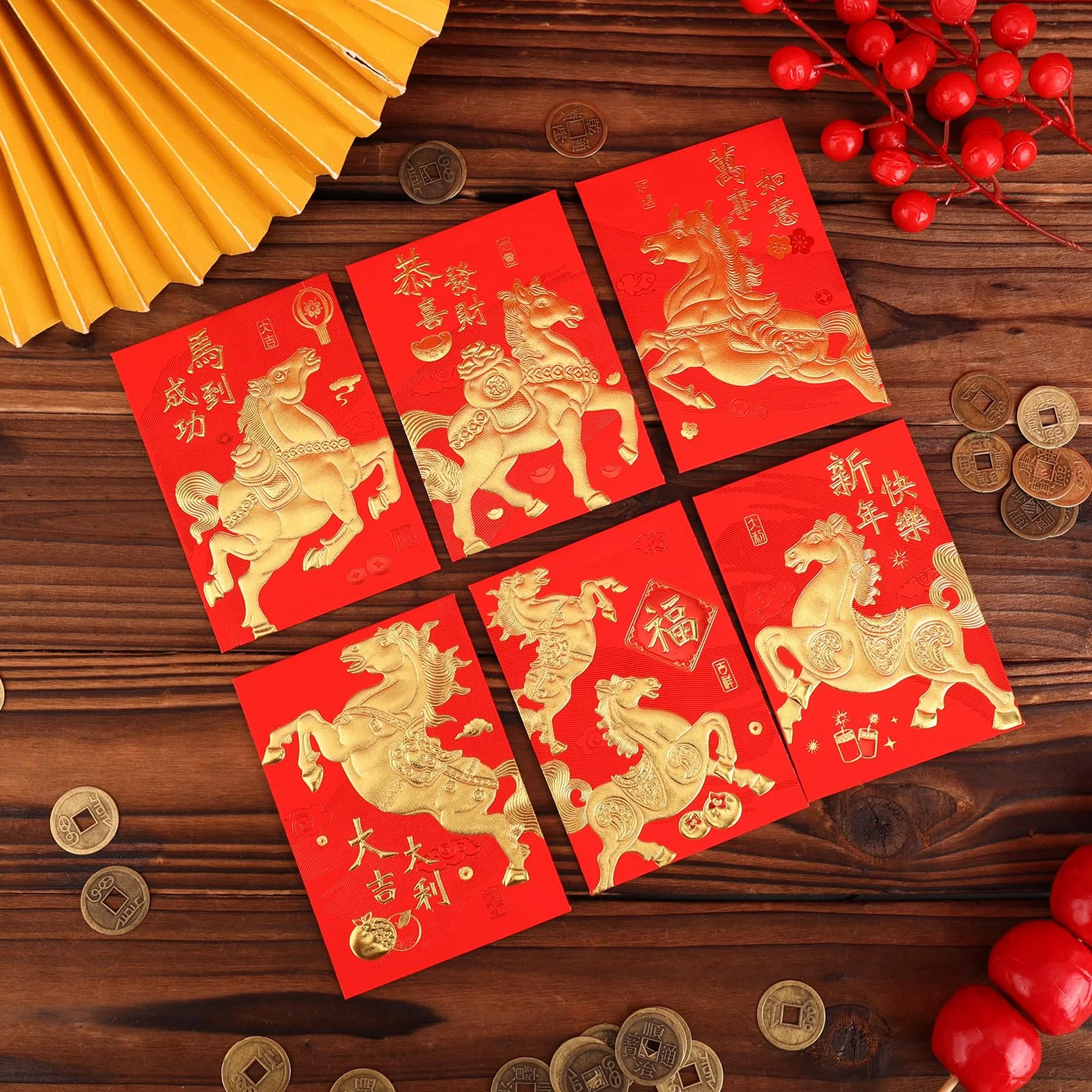 36pcs Enveloppes Rouges Nouvel An Chinois 11,5x8cm Porte-Bonheur Fête Printemps 2026 Année Cheval 6 Modèles
