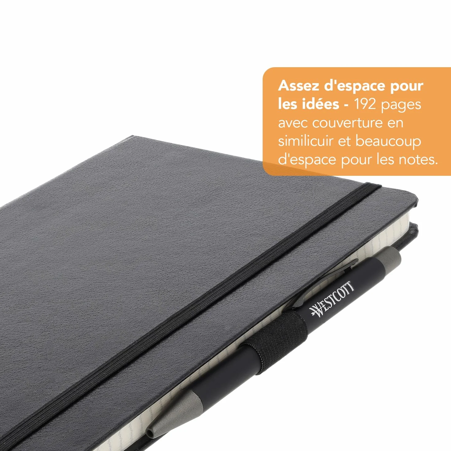 Westcott Carnet de notes DIN A5 quadrillé 192 pages 80 g/m² papier FSC-Mix avec poche intérieure marque-page porte-stylo